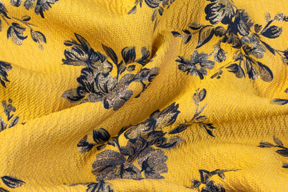 Double Faced Floral Metallic Brocade - Navy / Yellow