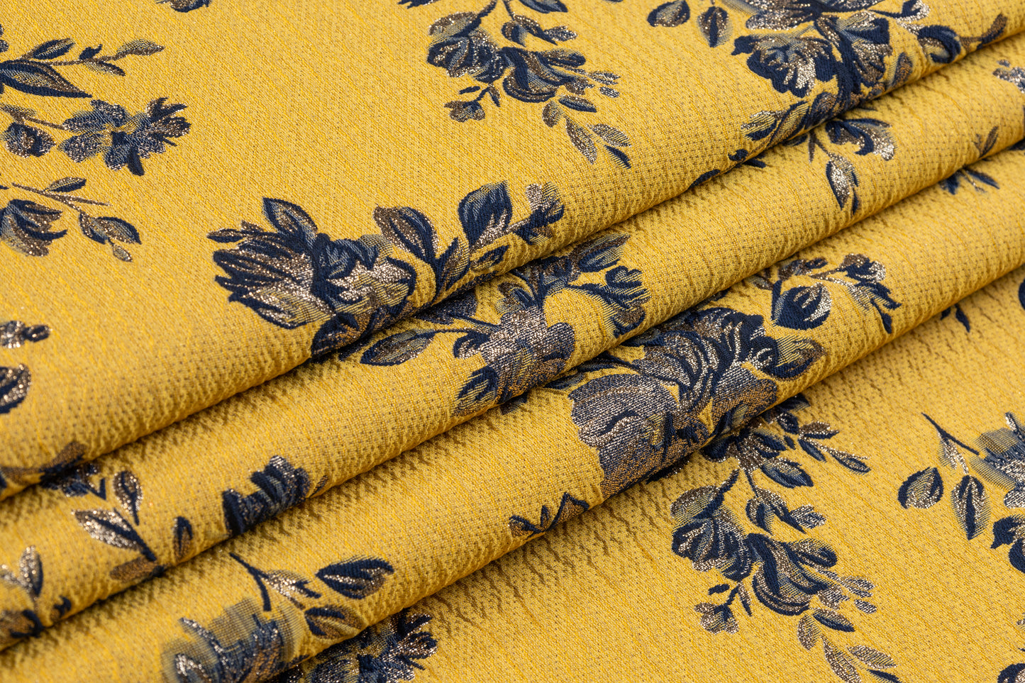 Double Faced Floral Metallic Brocade - Navy / Yellow