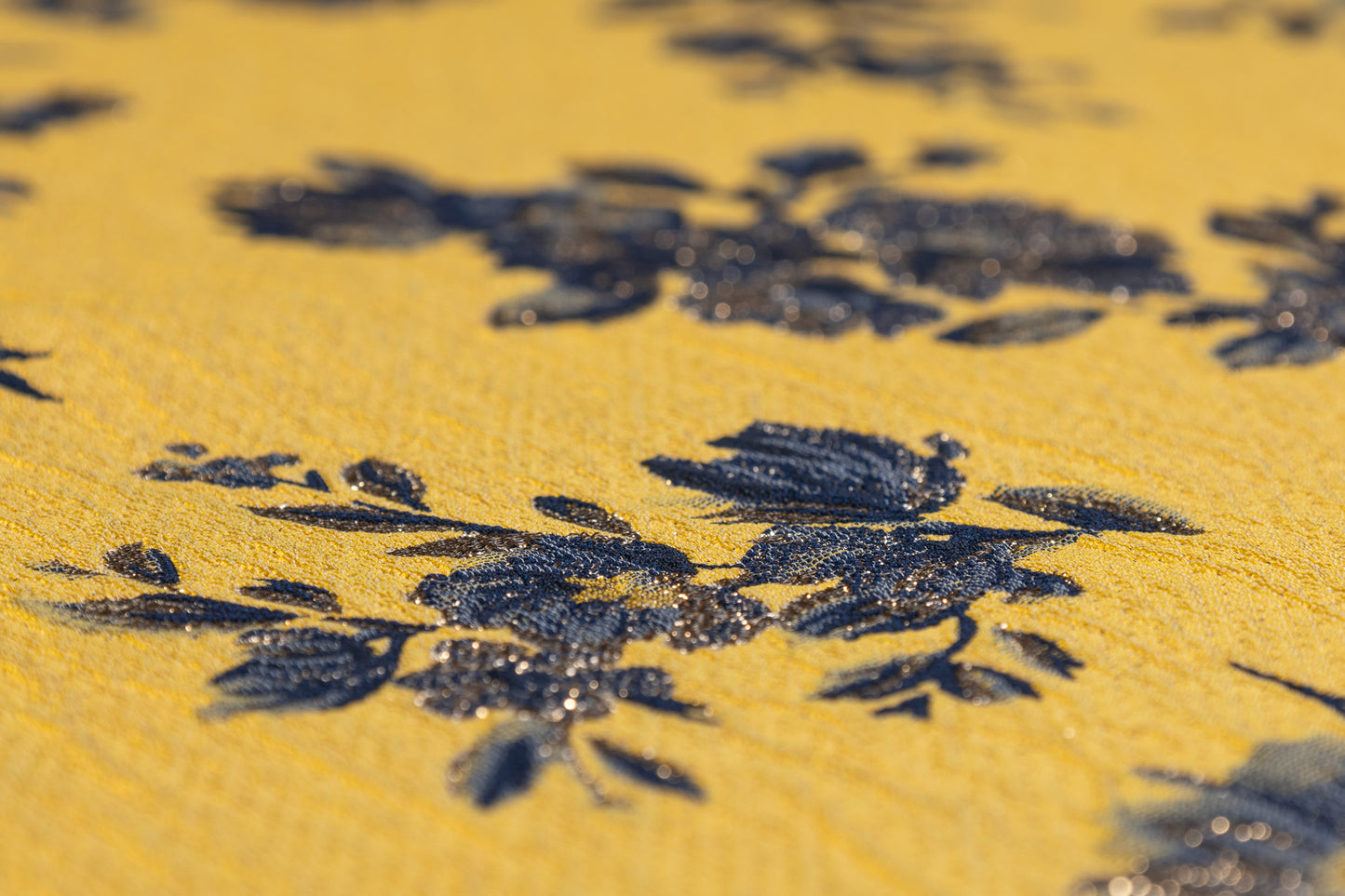 Double Faced Floral Metallic Brocade - Navy / Yellow