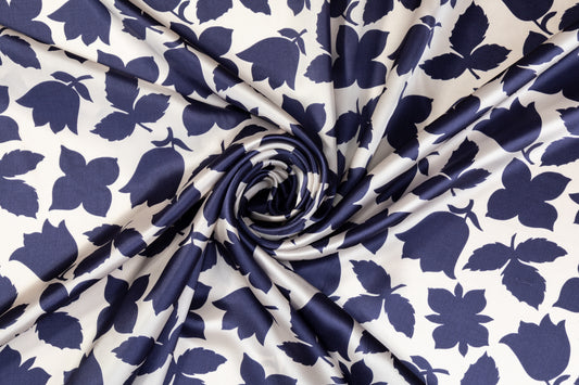 Floral Italian Silk Charmeuse - Navy / White