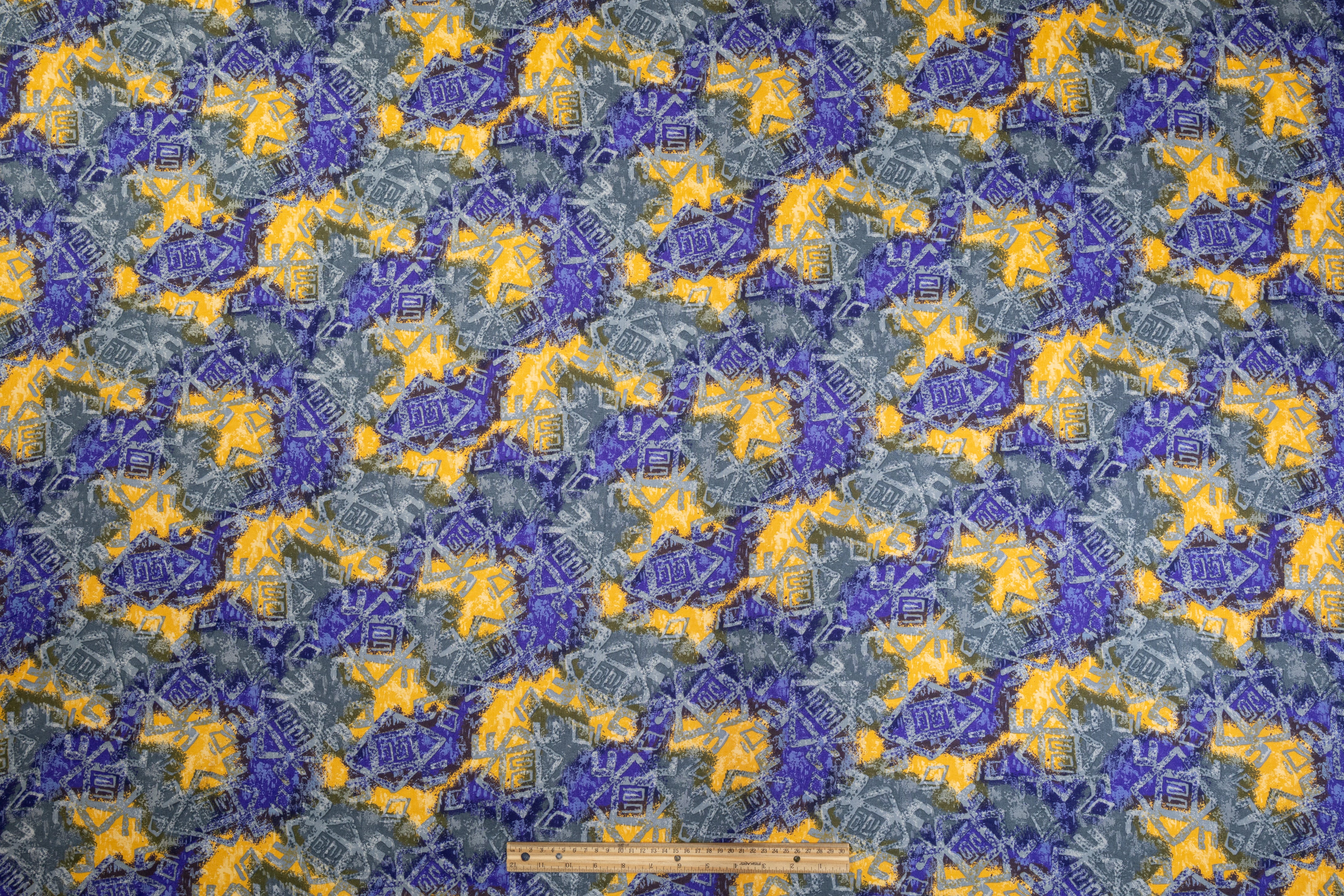 Abstract Italian Viscose Challis - Blue / Yellow
