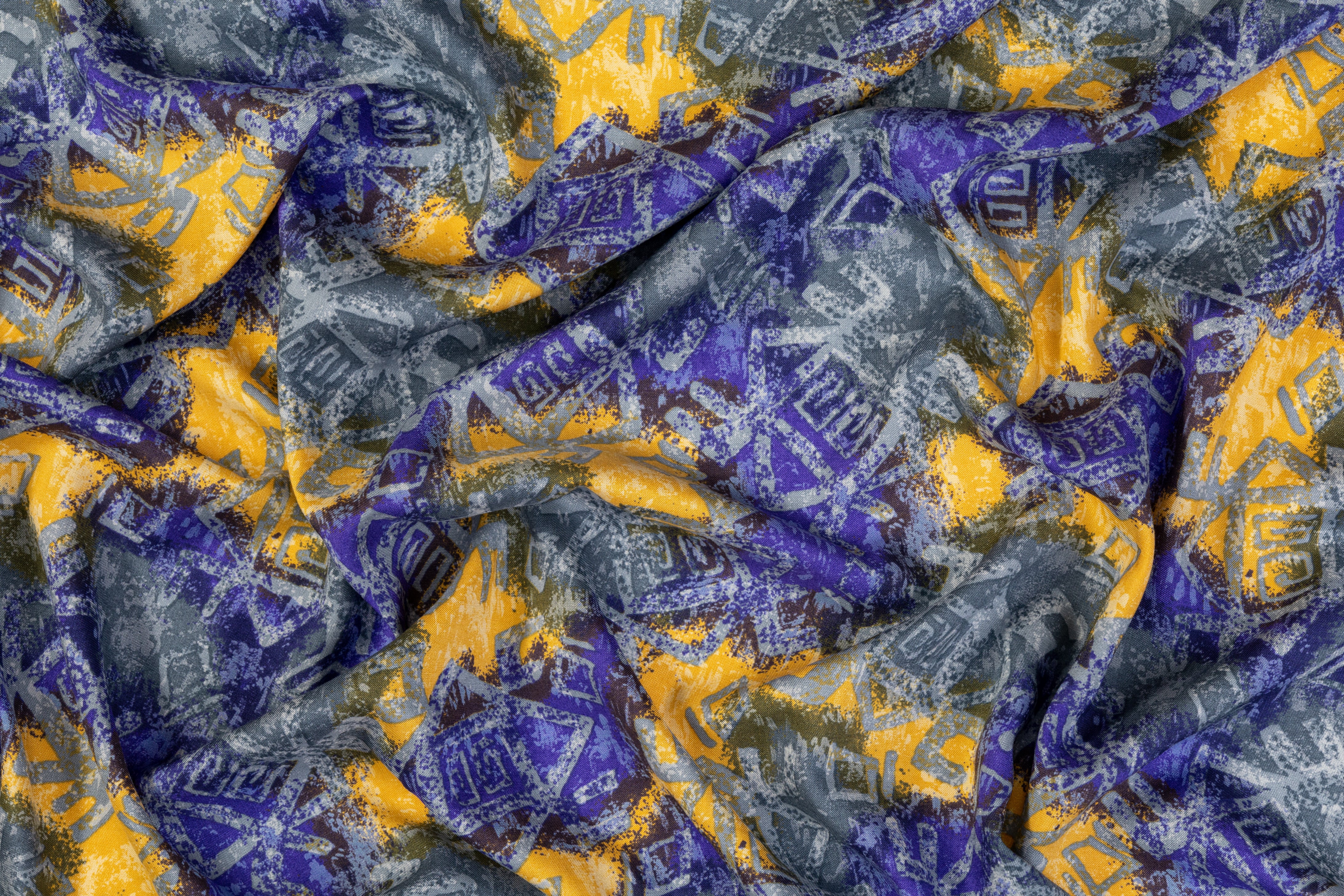 Abstract Italian Viscose Challis - Blue / Yellow