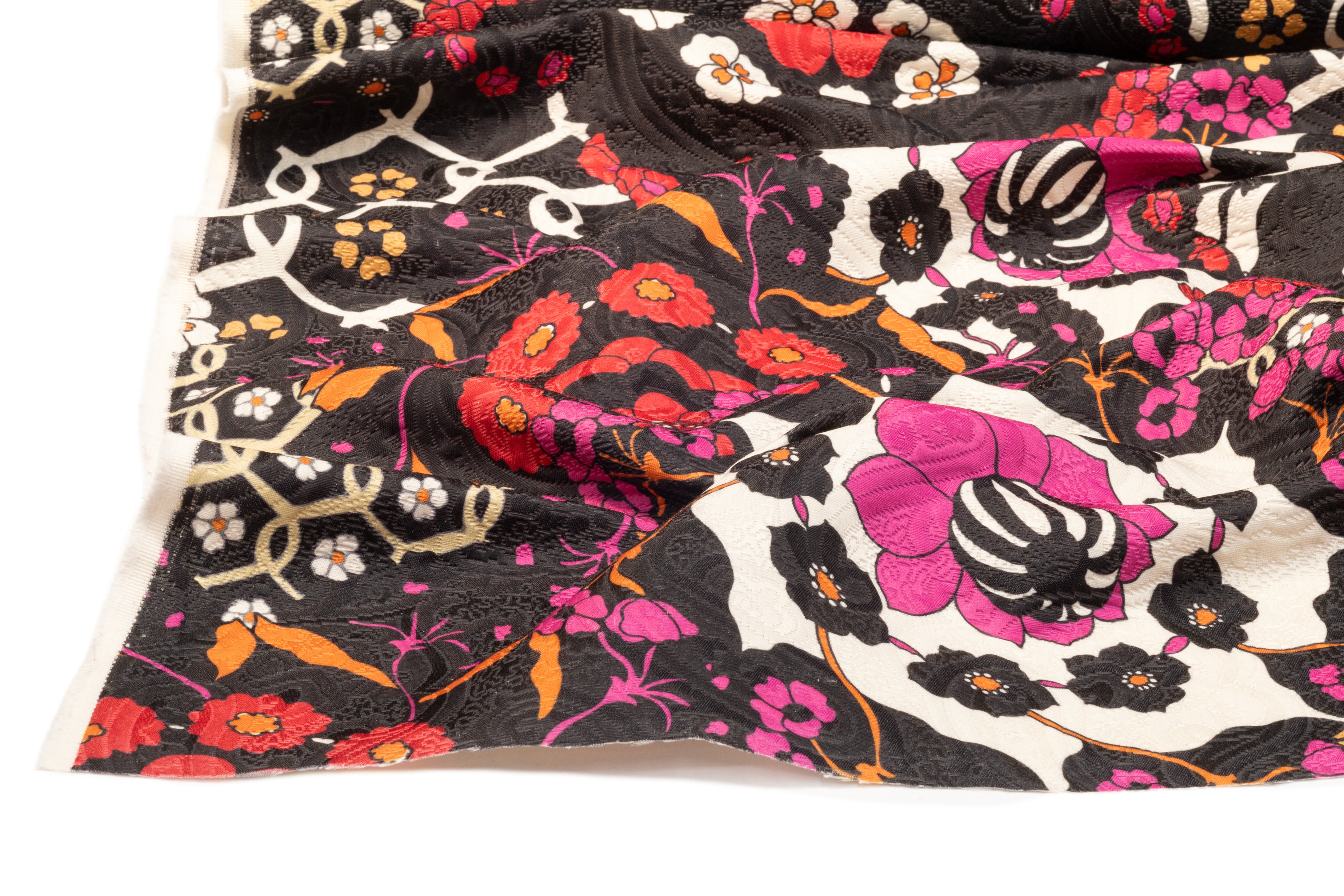 Floral Printed Italian Poly Cotton Brocade - Red / Fuchsia / Black