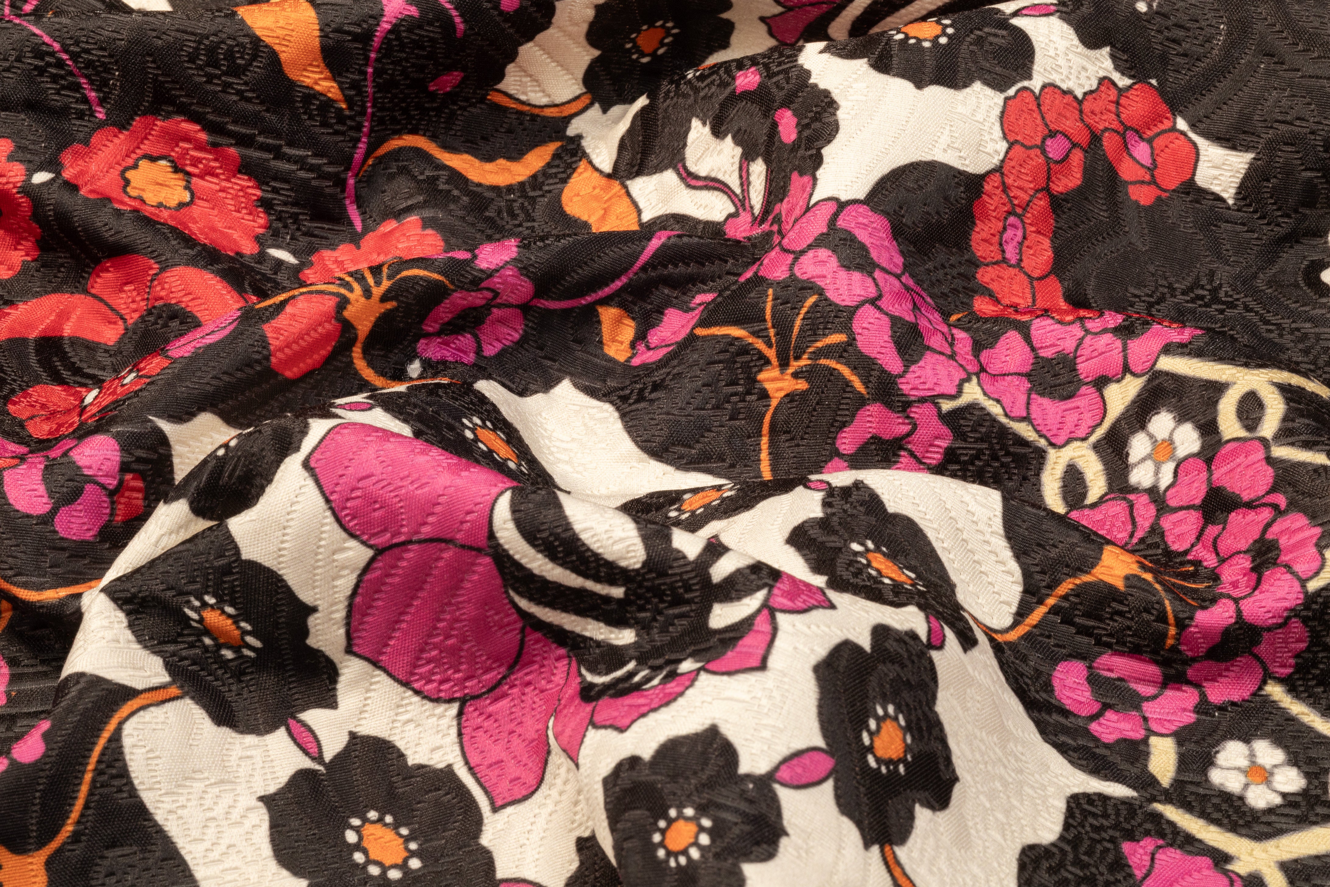 Floral Printed Italian Poly Cotton Brocade - Red / Fuchsia / Black