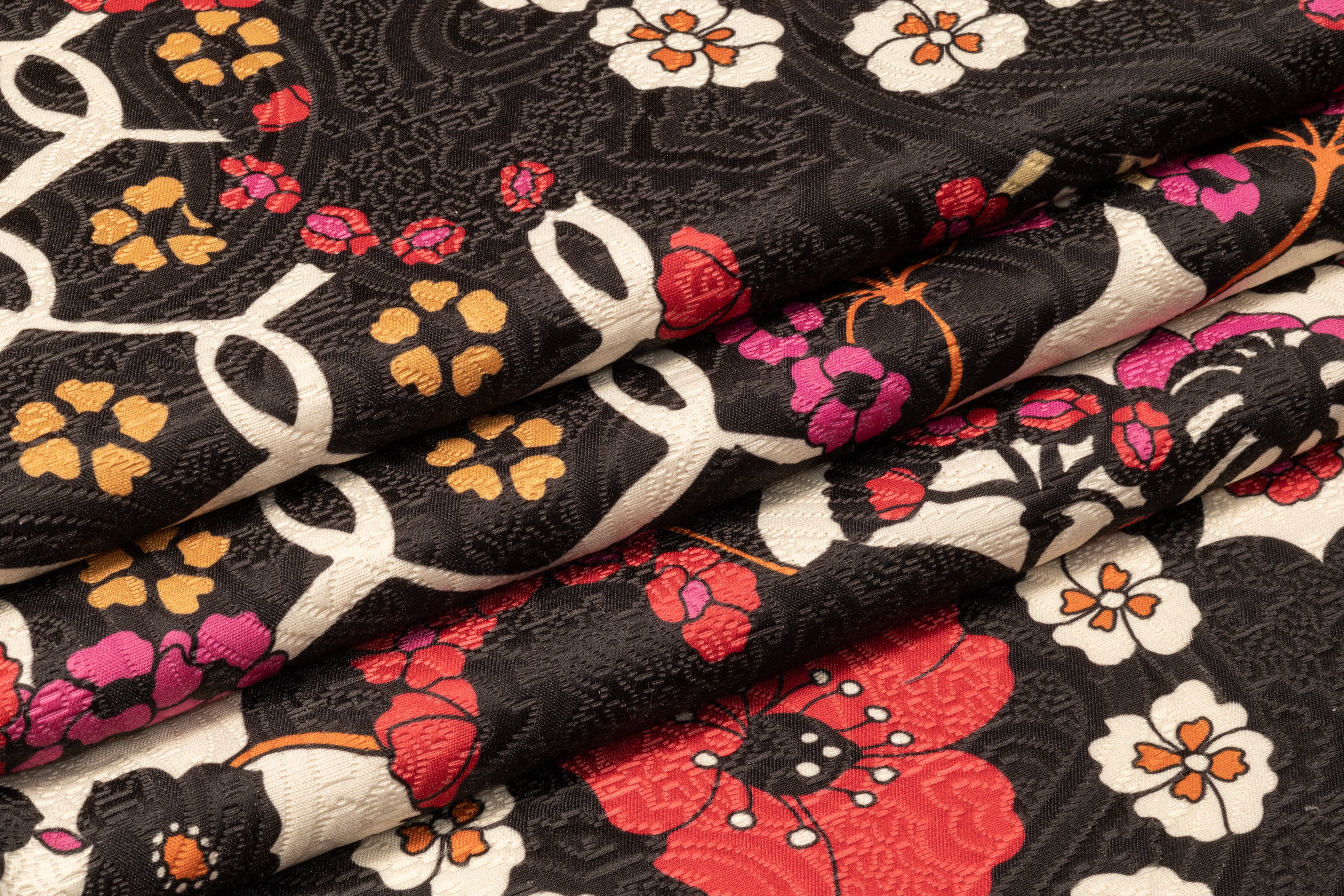 Floral Printed Italian Poly Cotton Brocade - Red / Fuchsia / Black