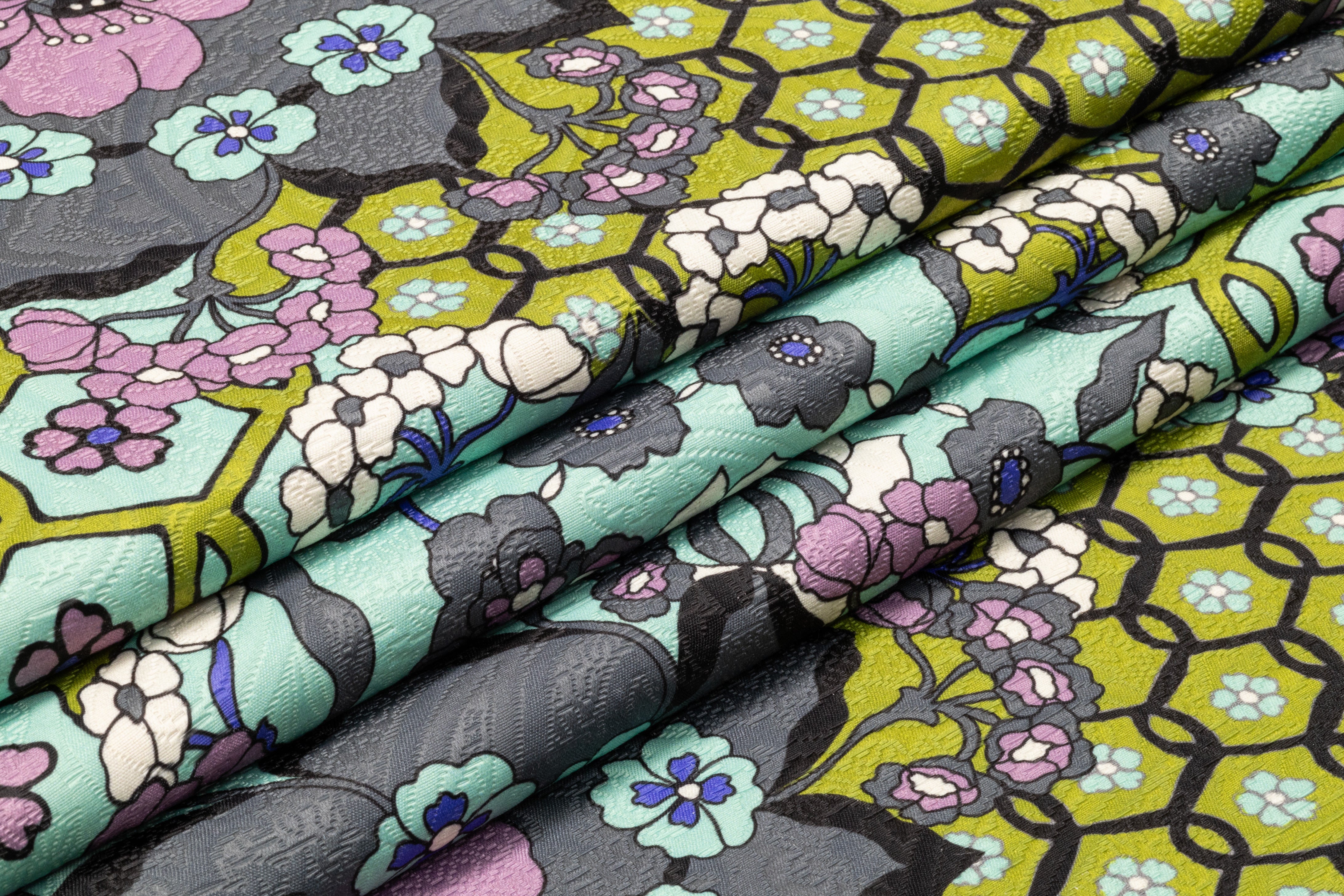 Floral Printed Italian Poly Cotton Brocade - Green / Gray / Lavender