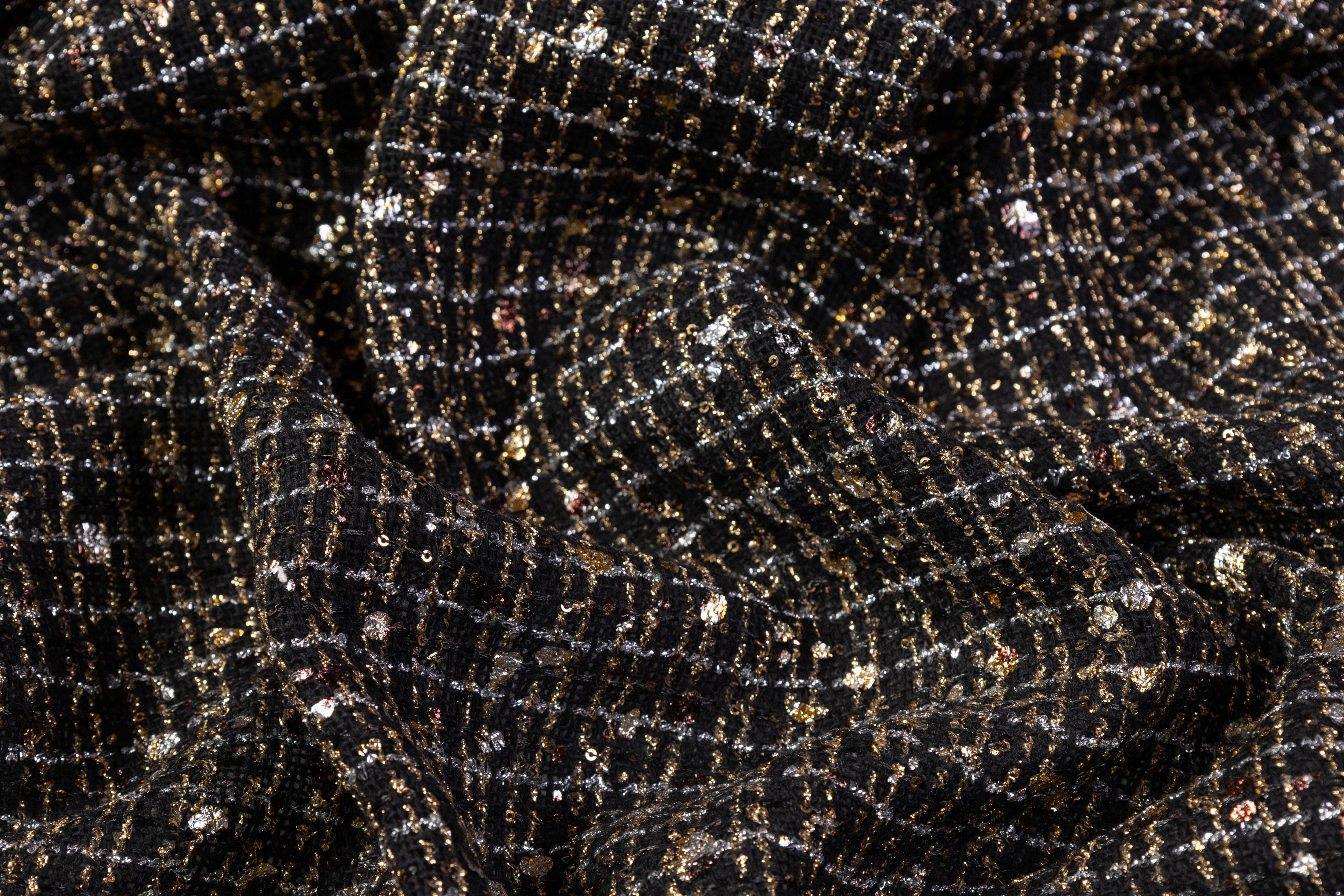 Metallic Italian Novelty Tweed - Black / Gold / Silver