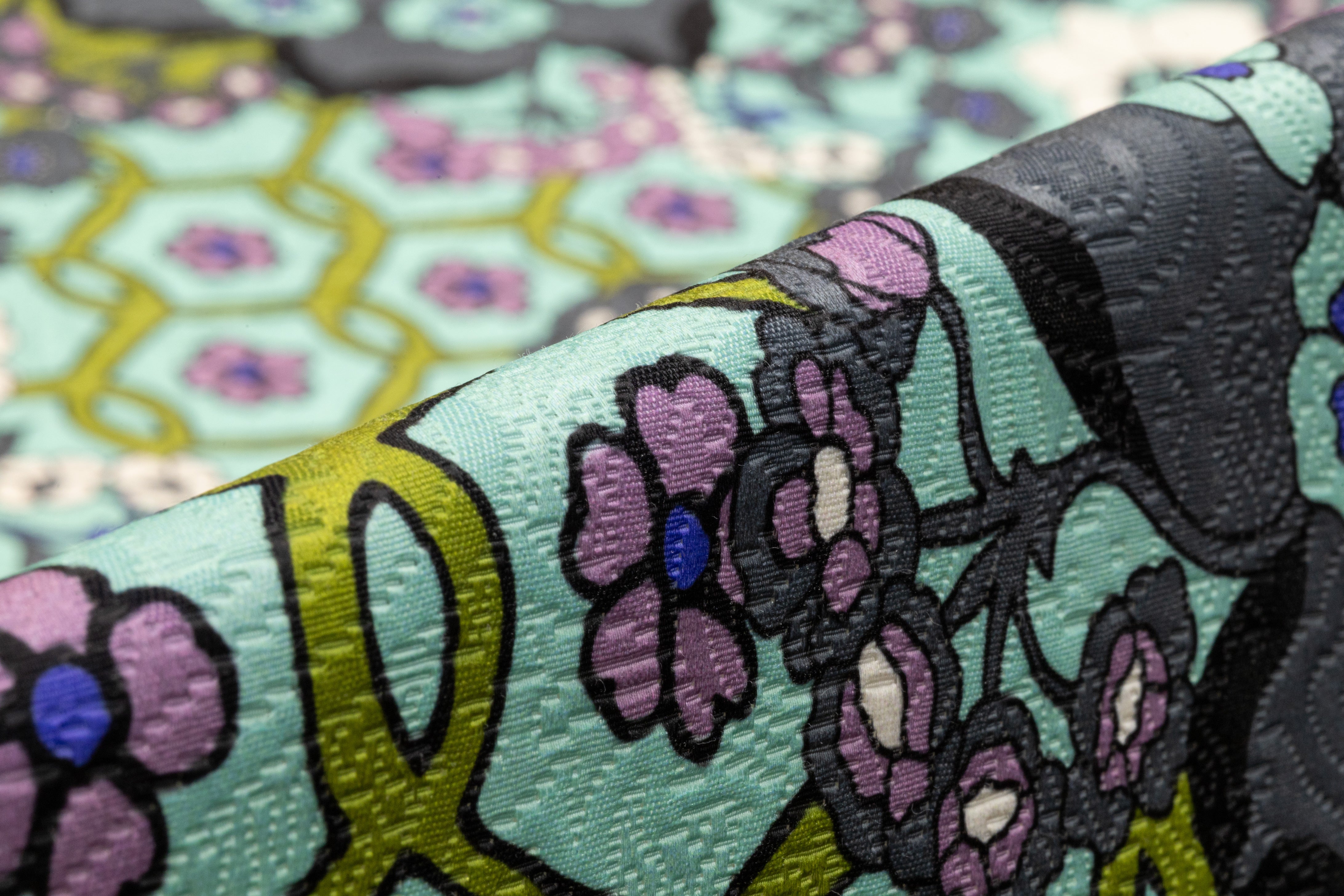 Floral Printed Italian Poly Cotton Brocade - Green / Gray / Lavender