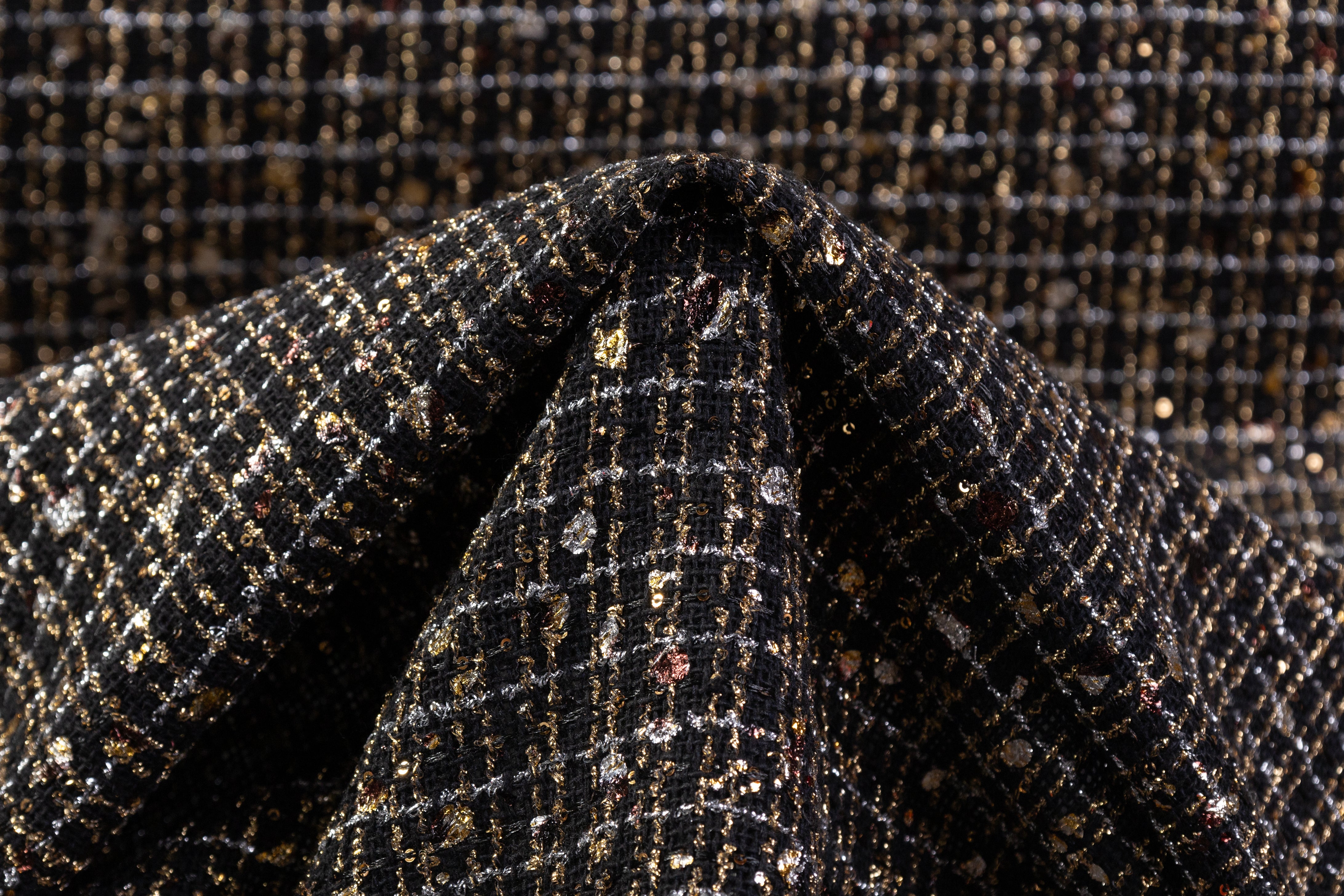 Metallic Italian Novelty Tweed - Black / Gold / Silver
