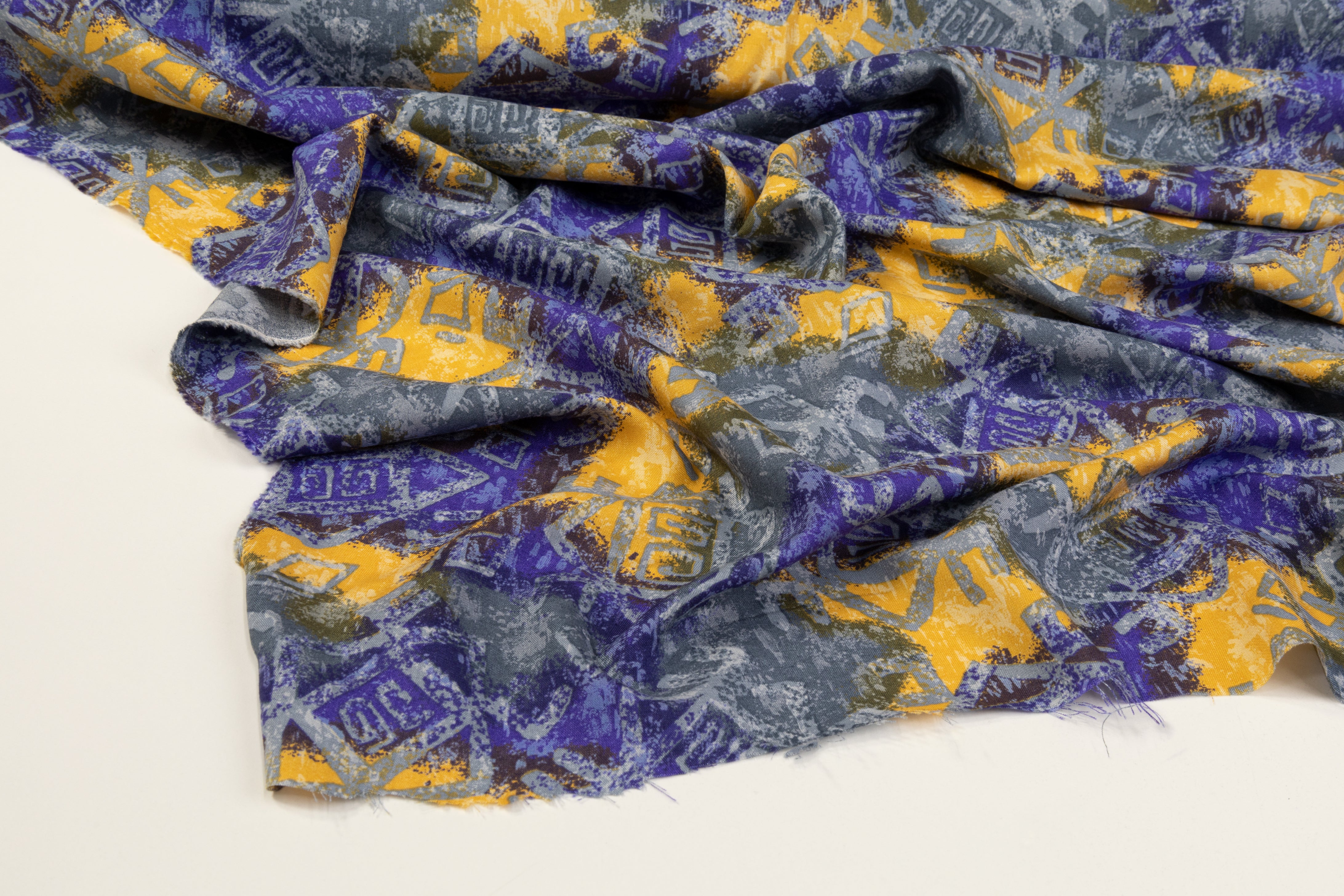 Abstract Italian Viscose Challis - Blue / Yellow
