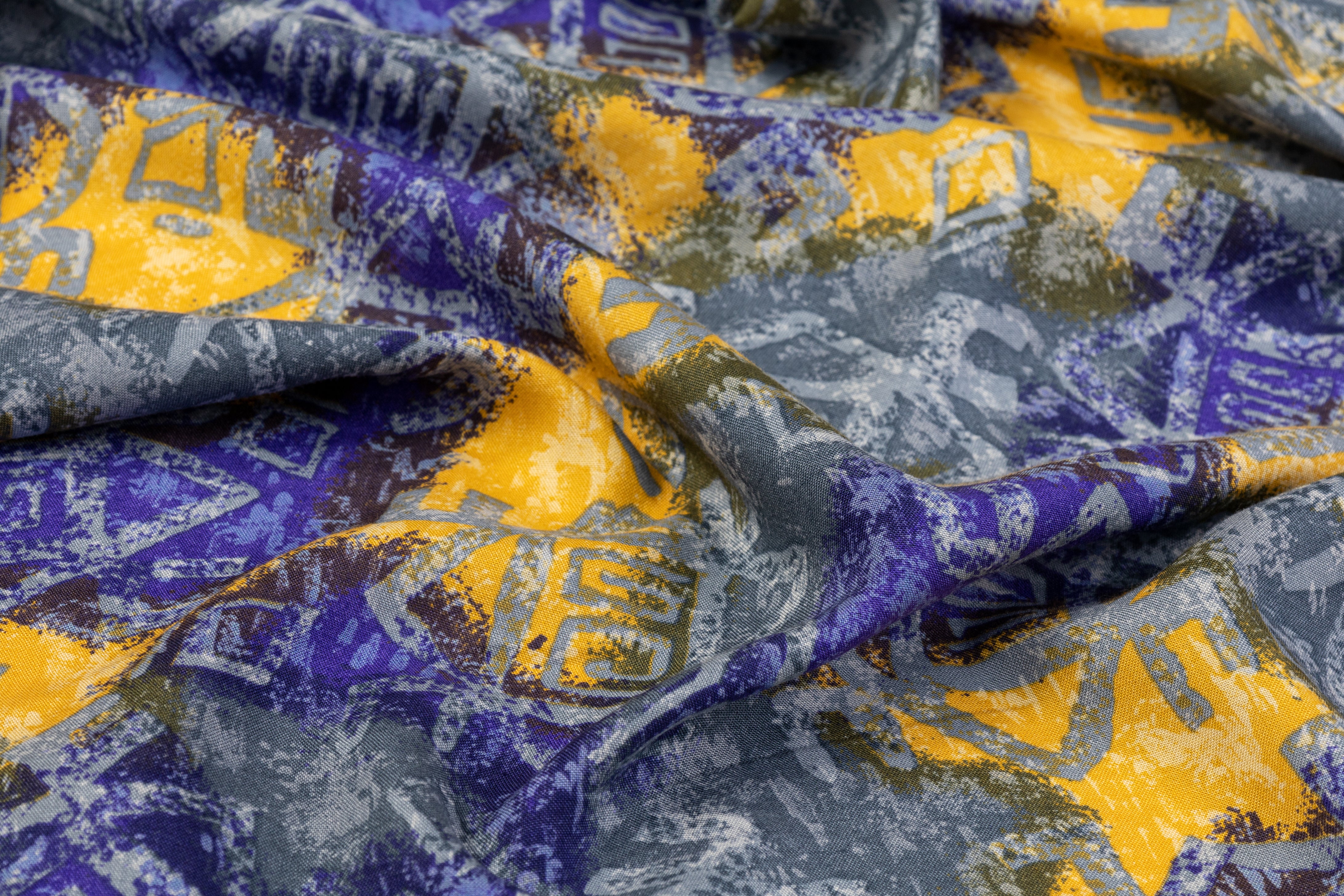 Abstract Italian Viscose Challis - Blue / Yellow