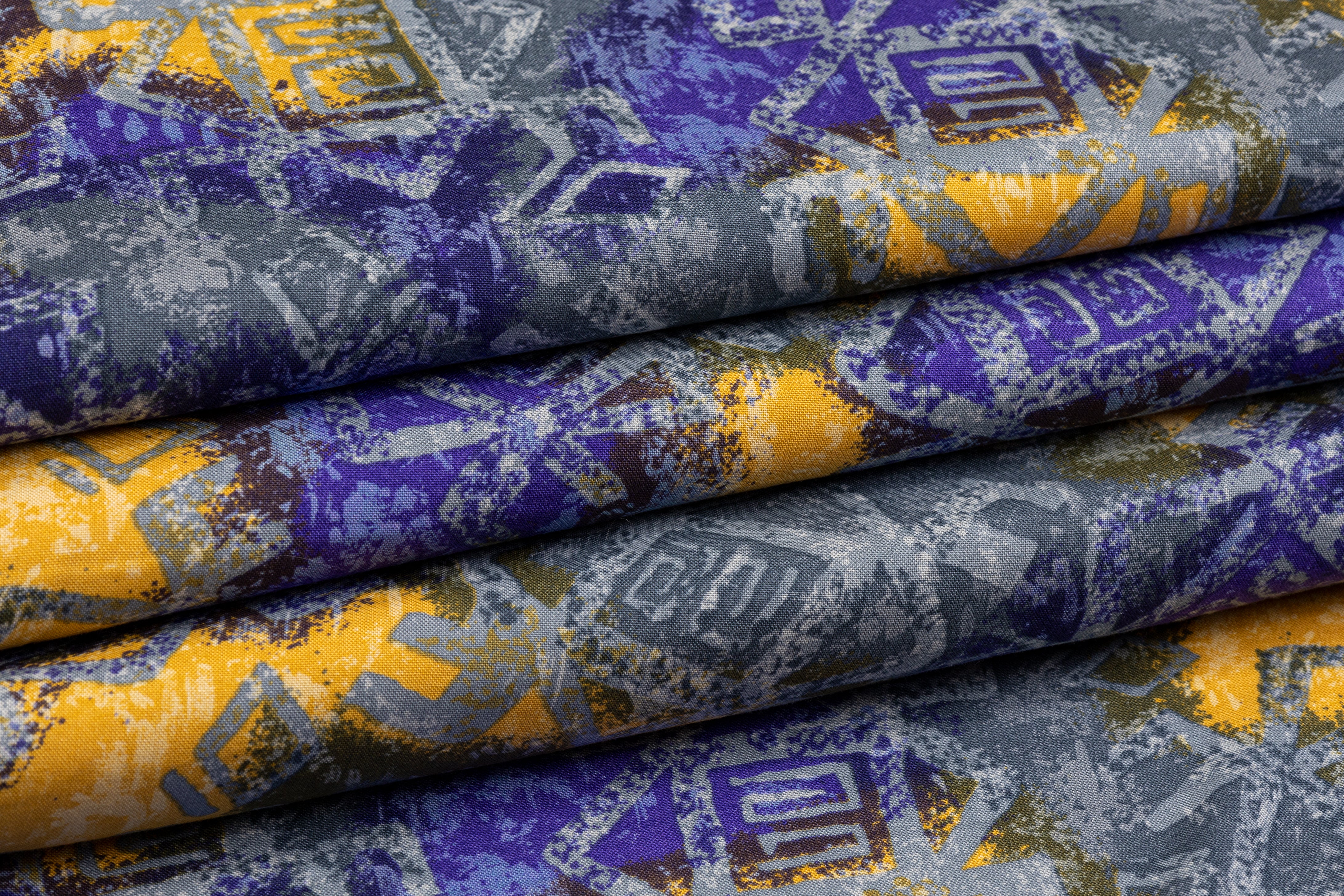 Abstract Italian Viscose Challis - Blue / Yellow