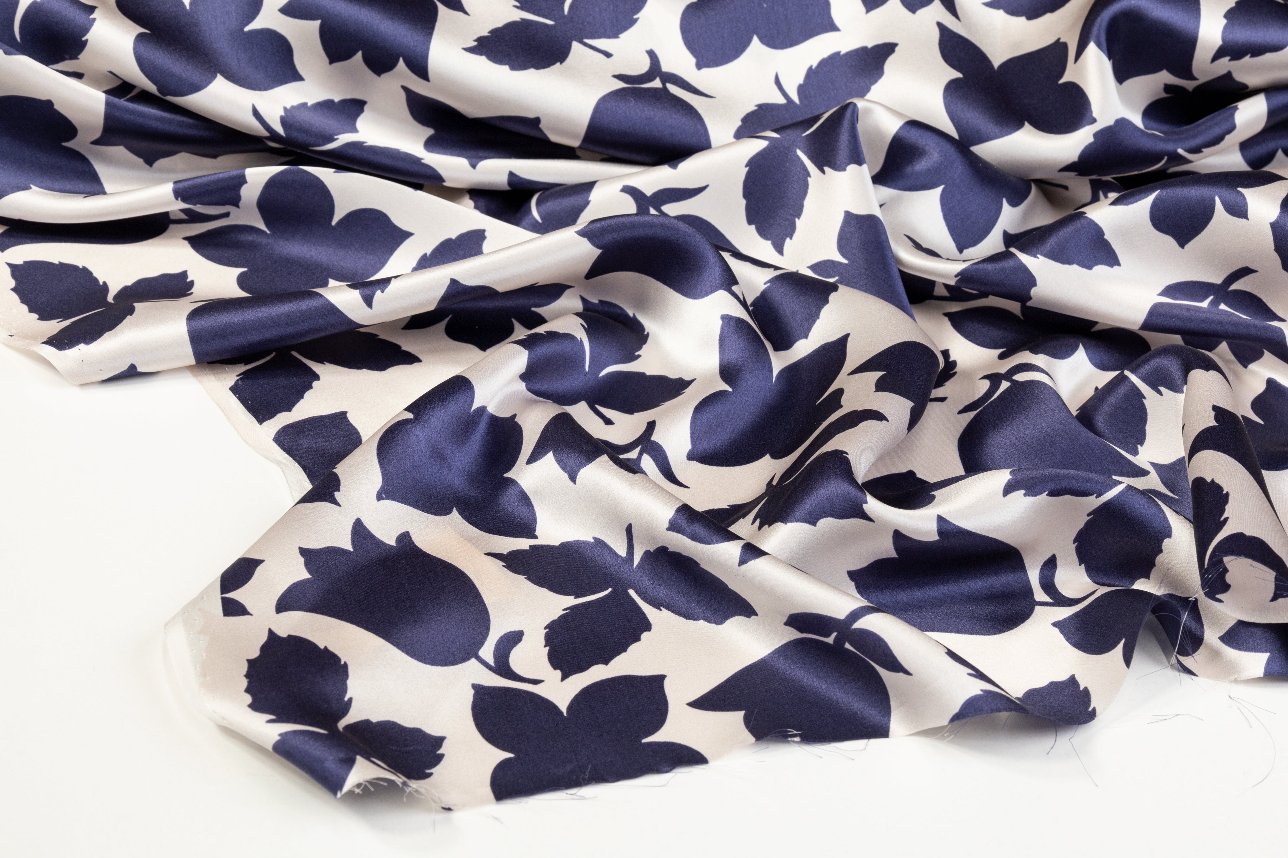 Floral Italian Silk Charmeuse - Navy / White