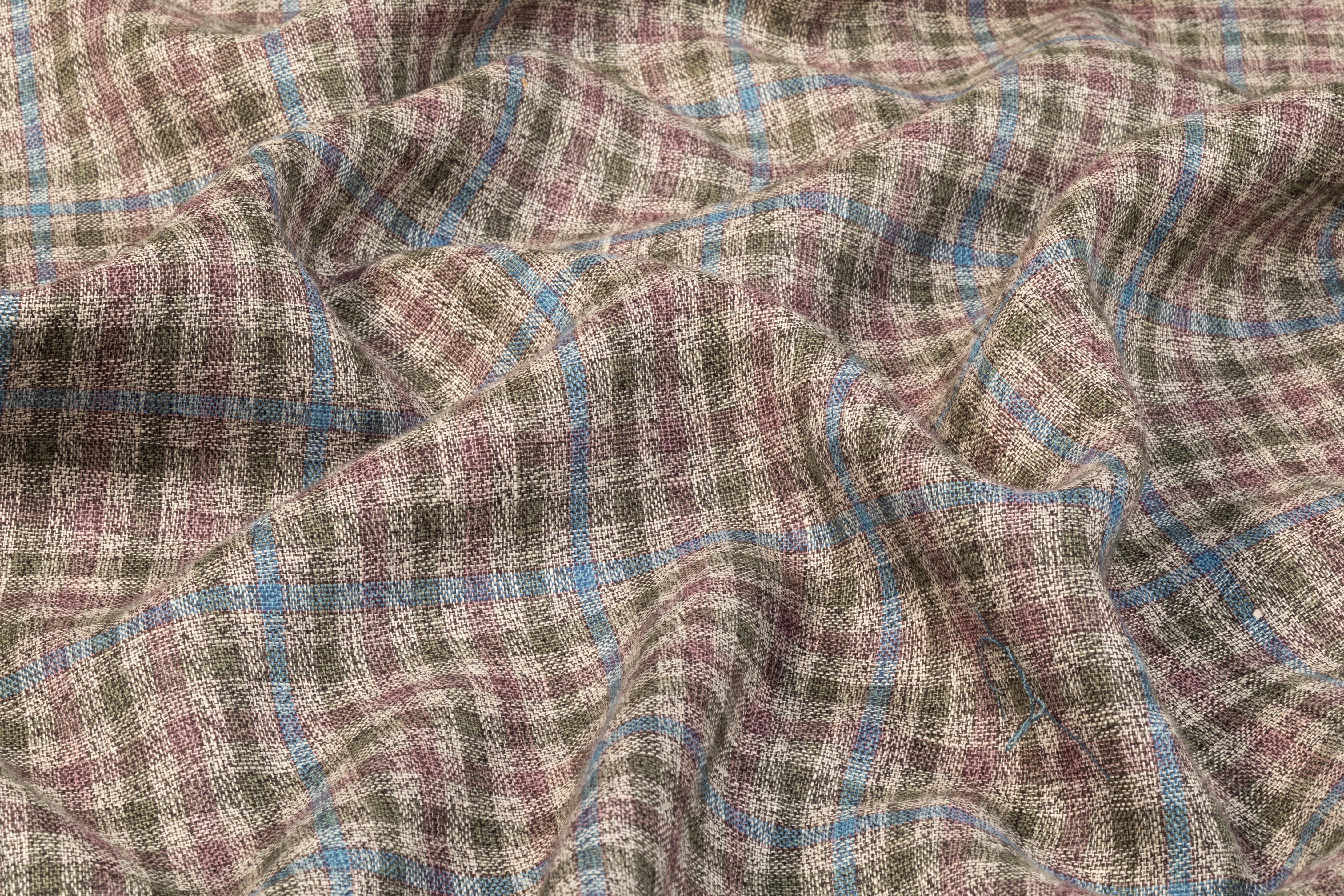 Plaid Italian Wool Linen Suiting - Blue / Green / Mauve