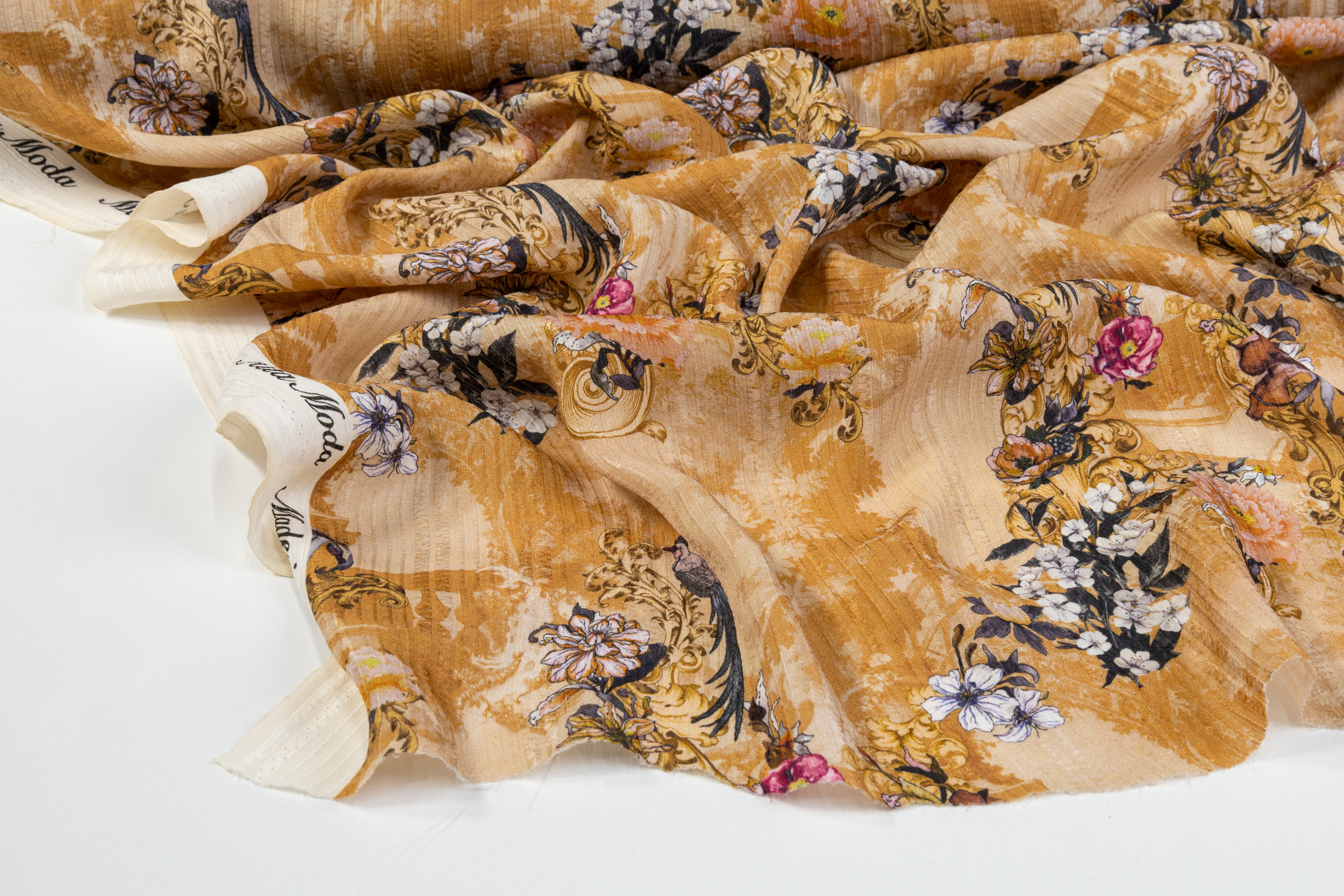 Printed and Textured Italian Silk - Tan / Multicolor