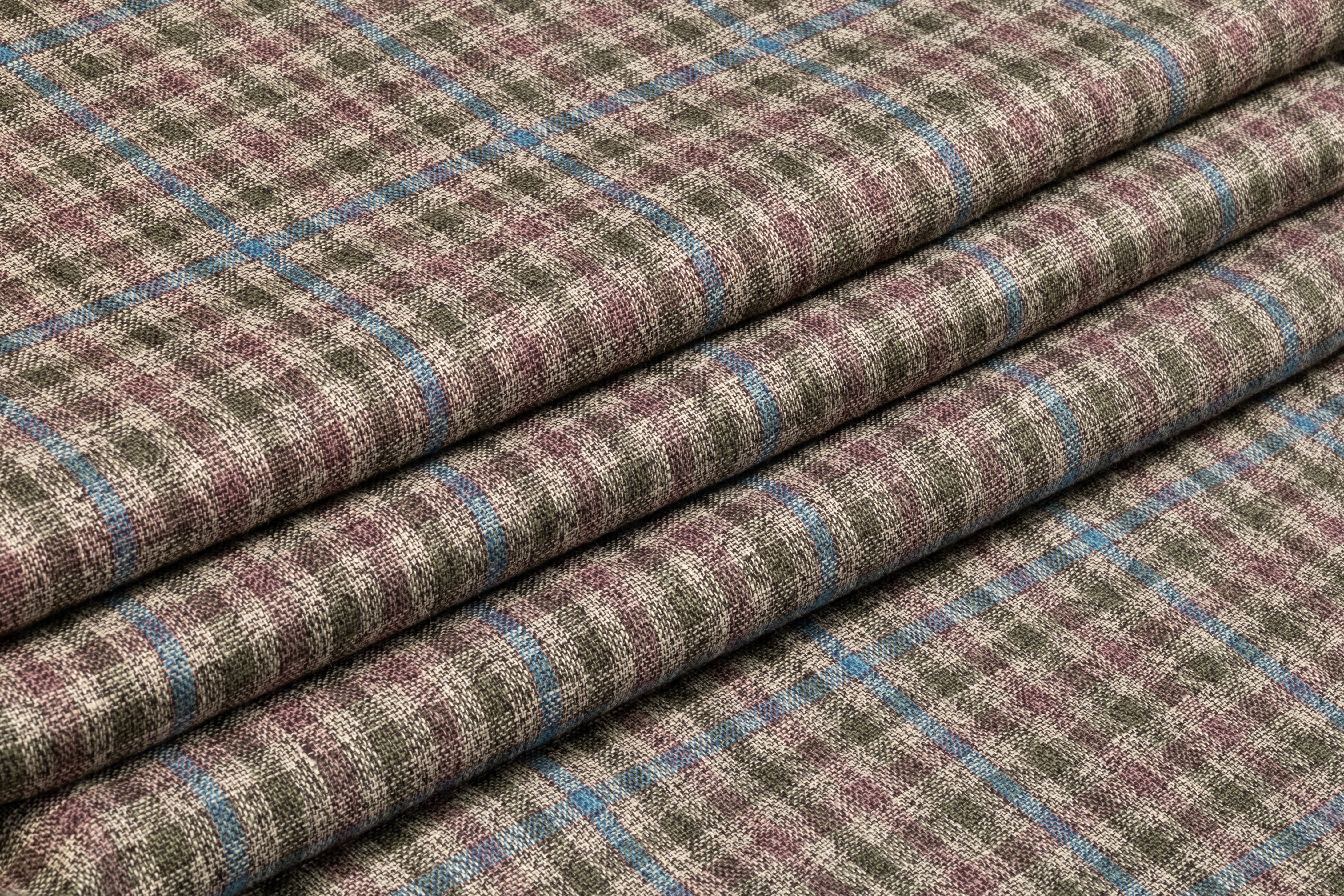 Plaid Italian Wool Linen Suiting - Blue / Green / Mauve