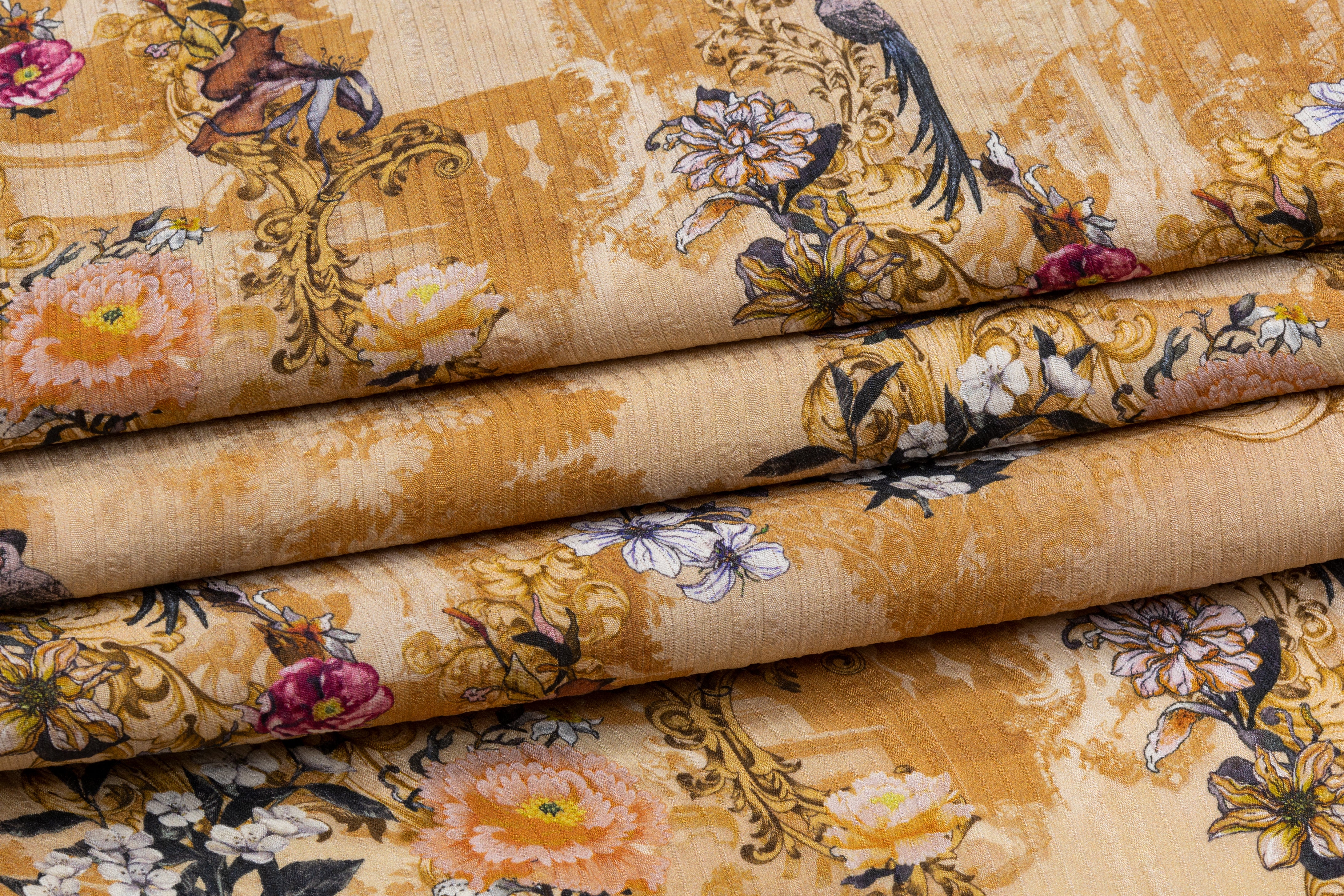 Printed and Textured Italian Silk - Tan / Multicolor