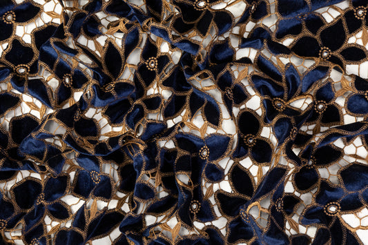 Floral Velvet Guipure Lace - Navy / Copper