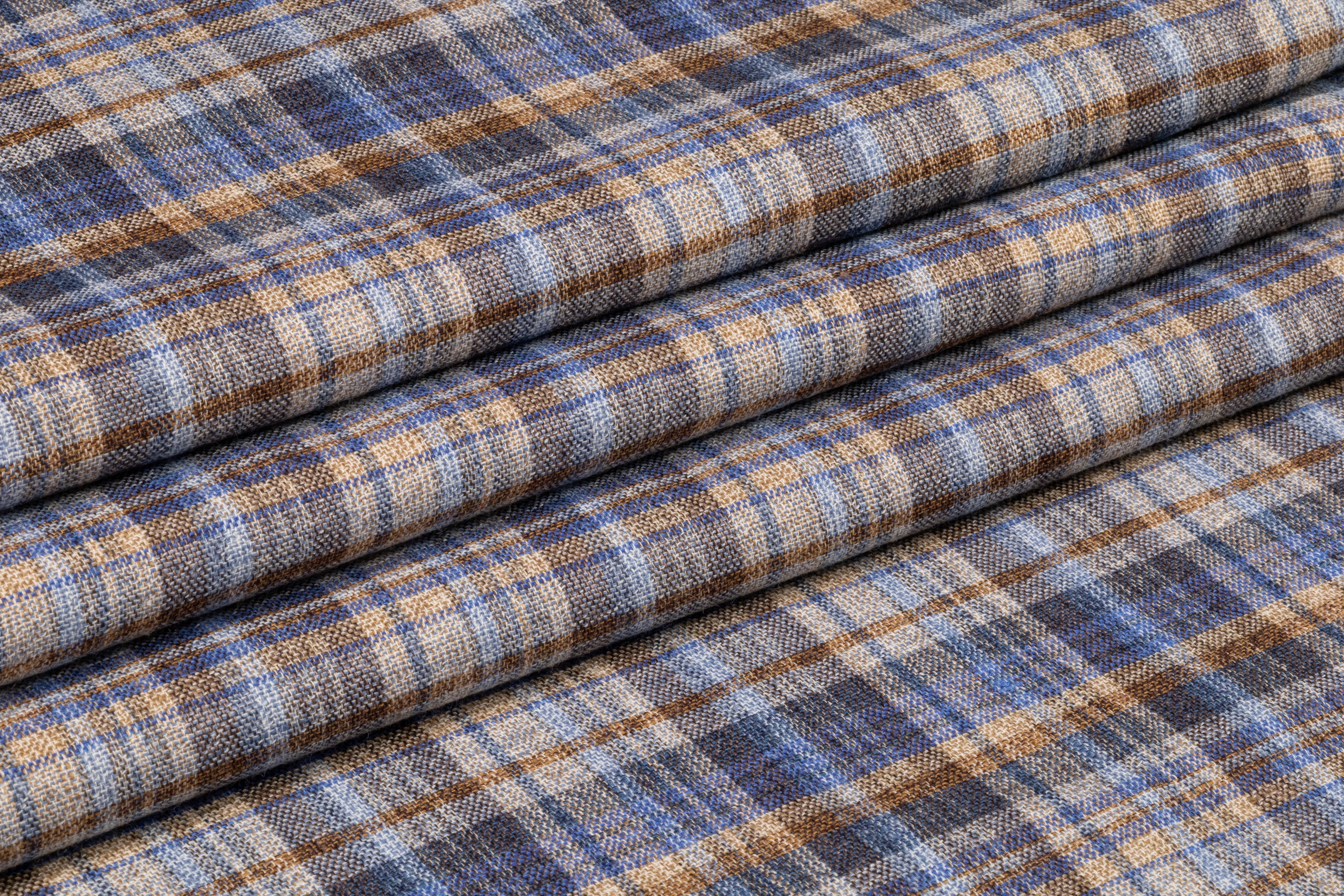 Plaid Italian Wool Linen Suiting - Blue / Tan