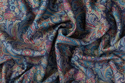 Paisley Printed Italian Silk/Wool/Cashmere Coating - Blue