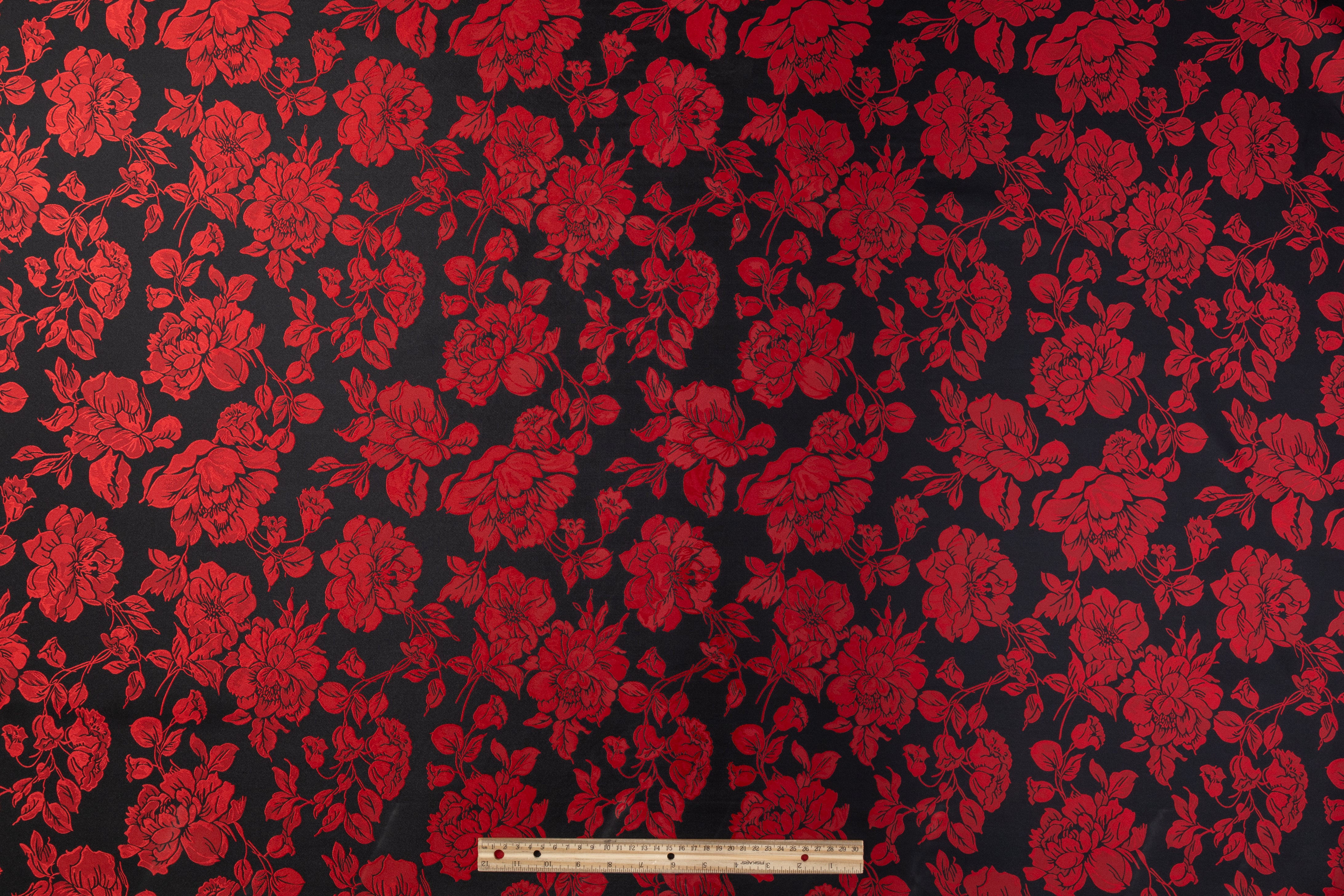Floral Double Faced Brocade - Black / Red