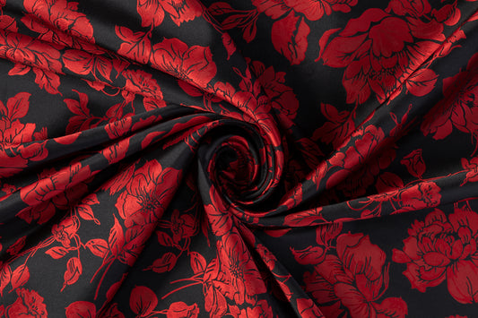 Floral Double Faced Brocade - Black / Red