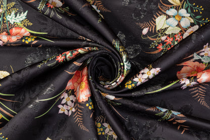 Printed Metallic Floral Brocade - Black / Multicolor