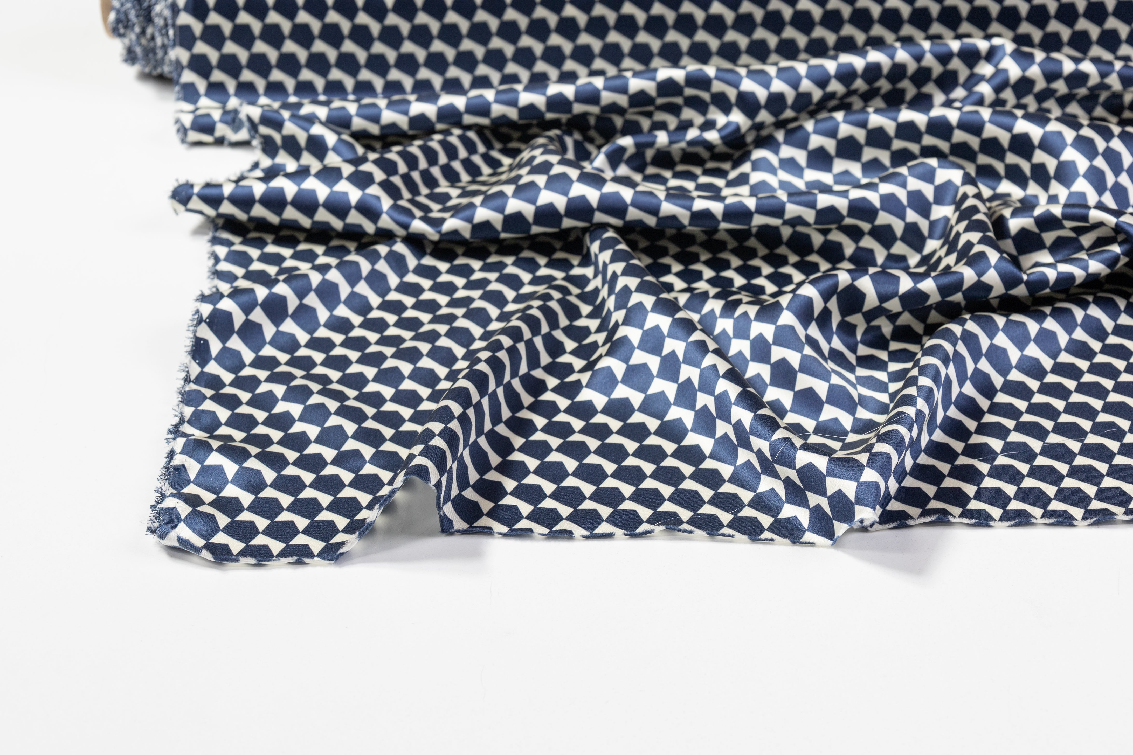 Geometric Silk Charmeuse - Navy / White