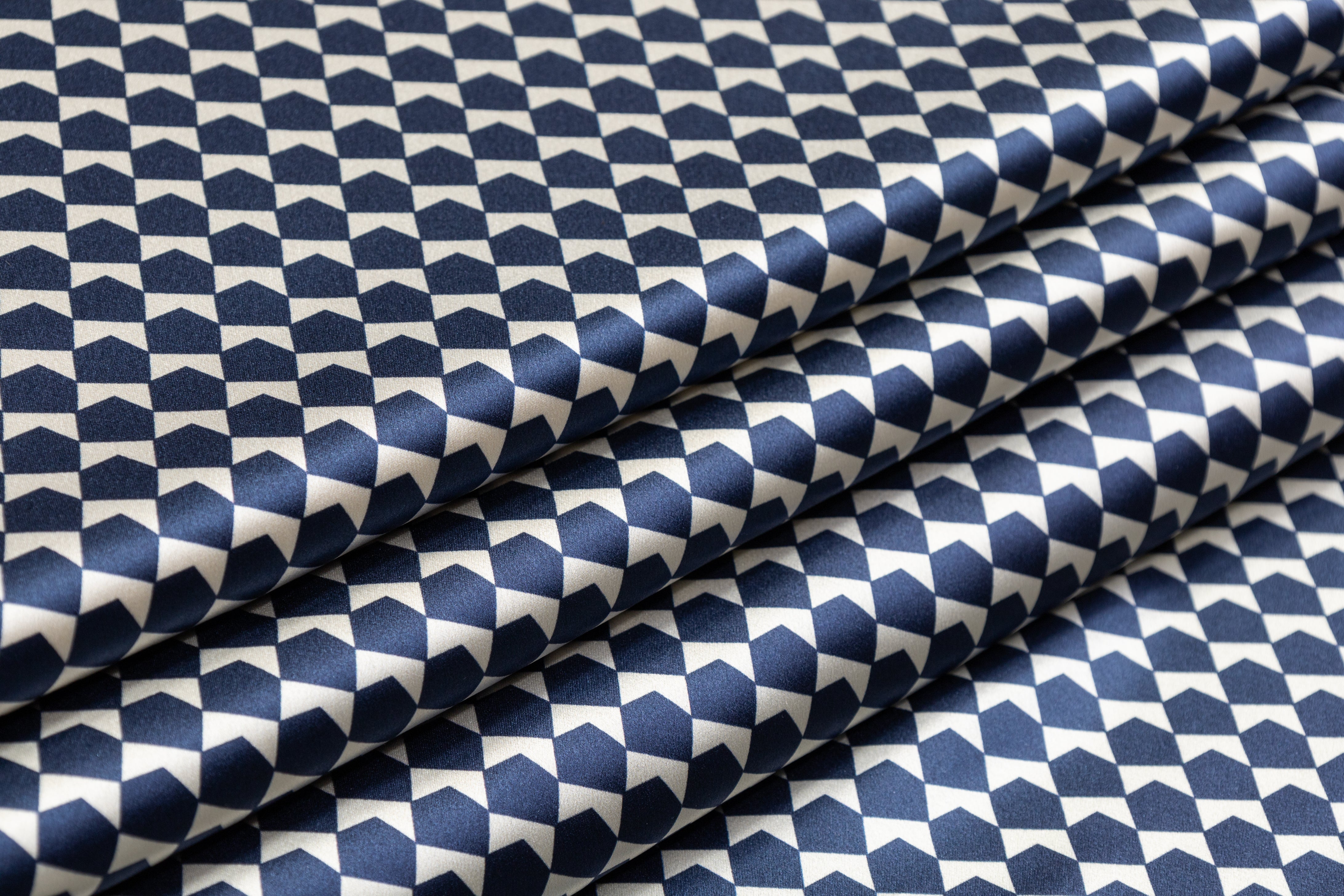 Geometric Silk Charmeuse - Navy / White