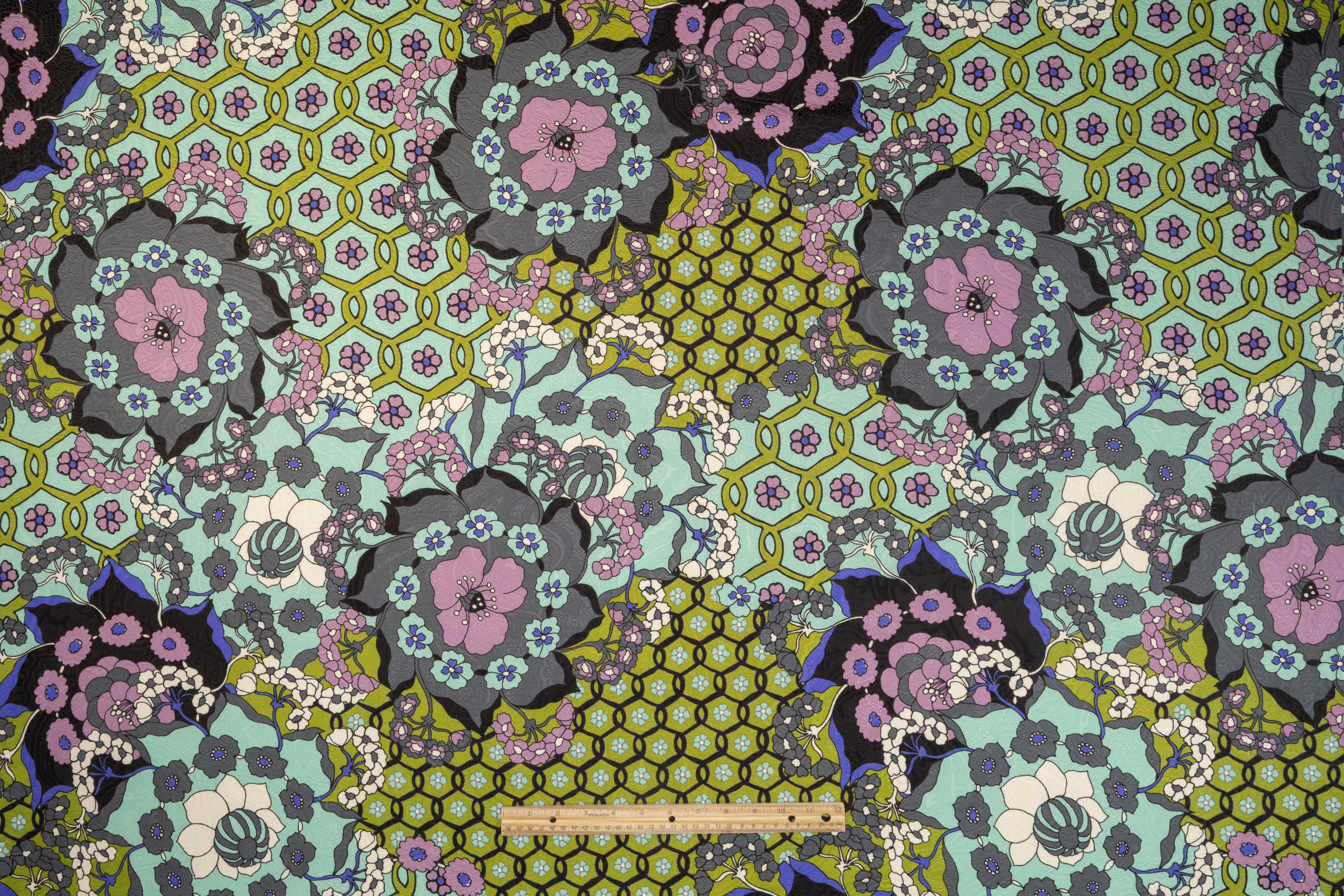 Floral Printed Italian Poly Cotton Brocade - Green / Gray / Lavender