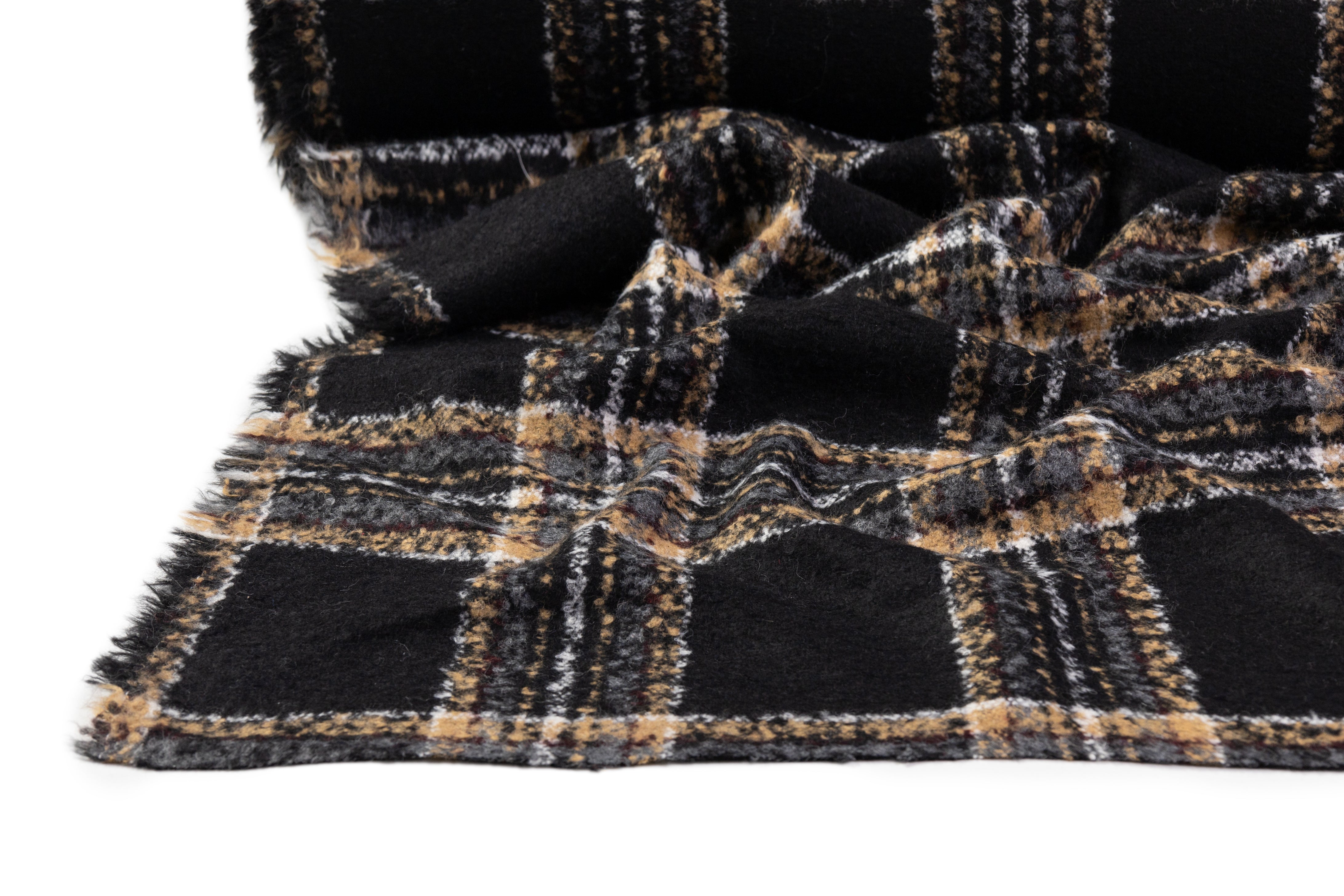 Plaid Italian Wool Blend Boucle Coating - Black / Camel