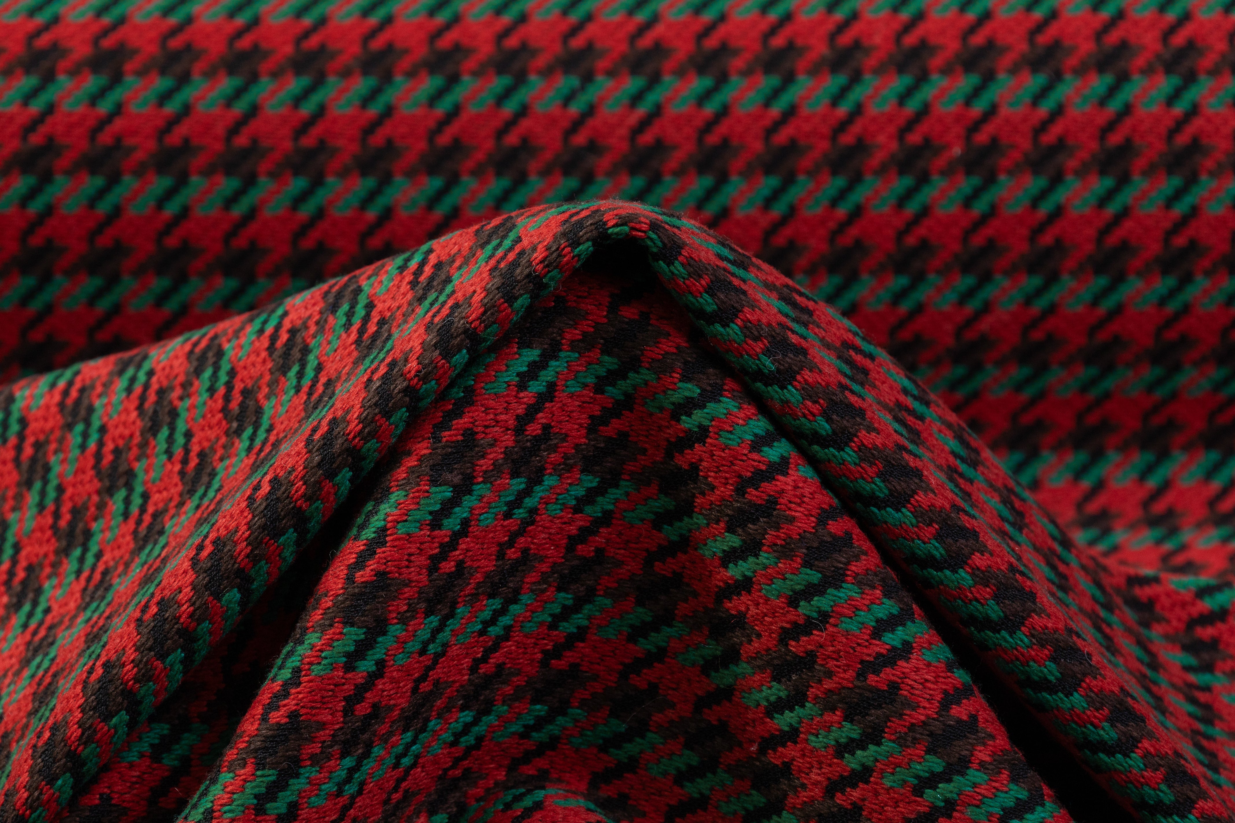 Houndstooth Italian Wool Nylon Coating - Red / Green / Brown