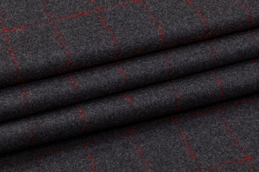 Windowpane Italian Wool Suiting - Charcoal Gray / Red