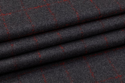 Windowpane Italian Wool Suiting - Charcoal Gray / Red