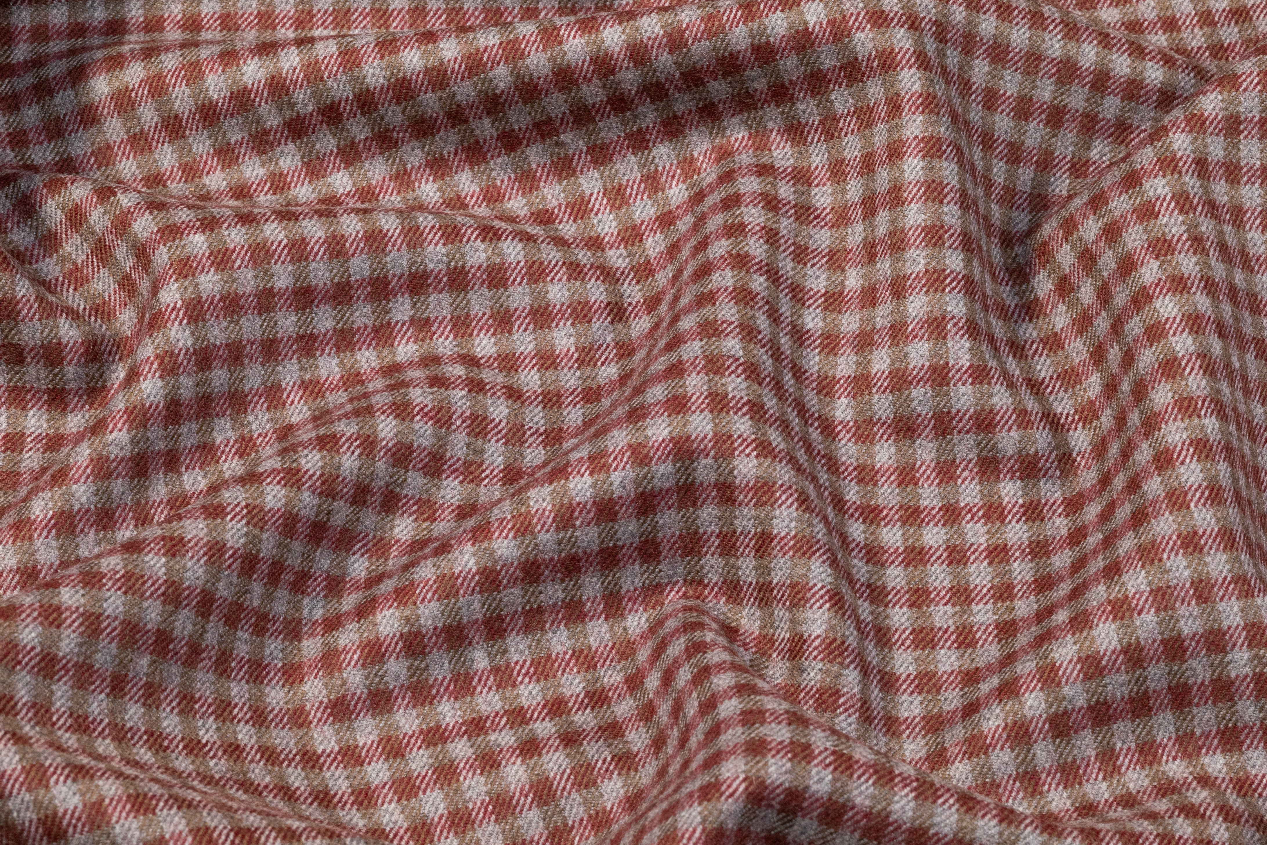 Checked Italian Stretch Wool Flannel - Brick Red / Taupe / Gray