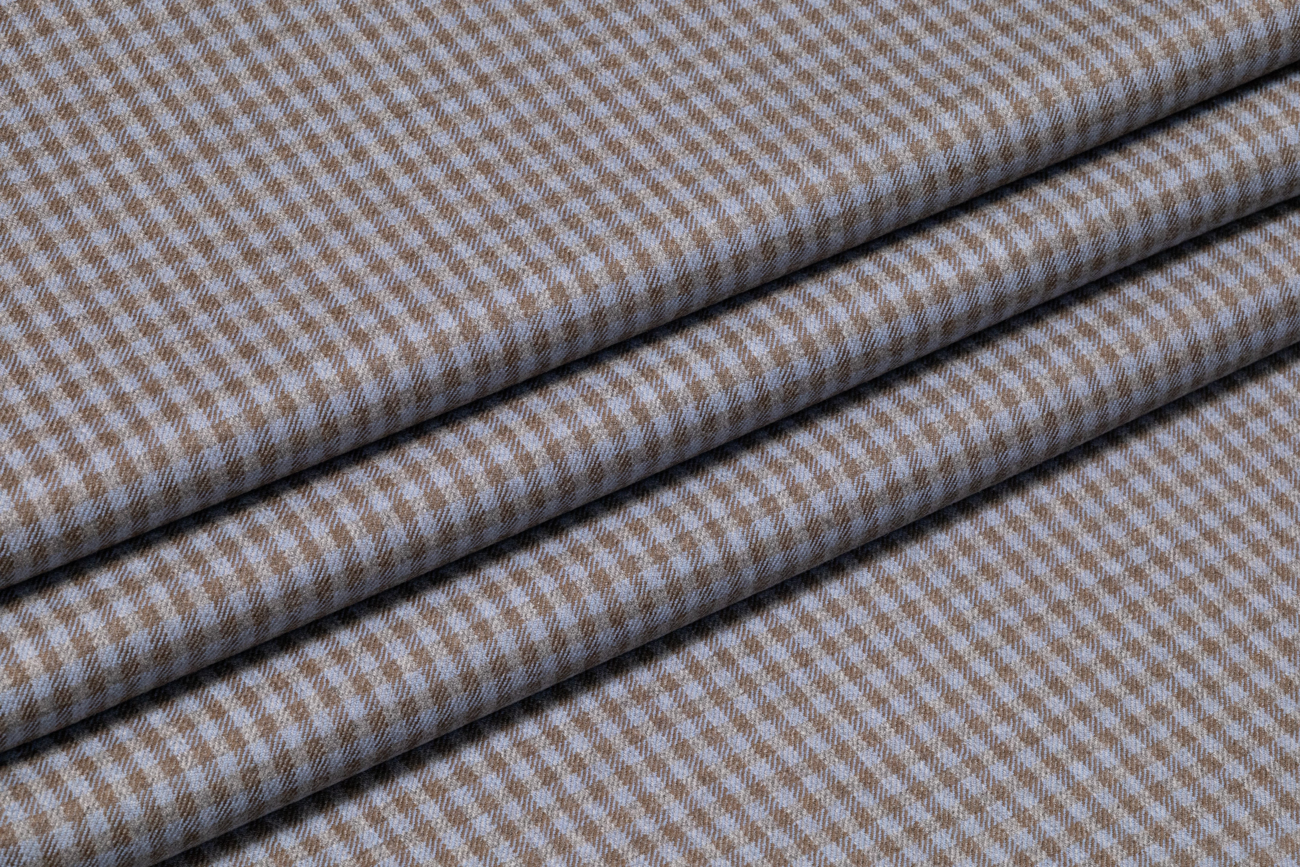 Checked Italian Stretch Wool Flannel - Powder Blue / Taupe
