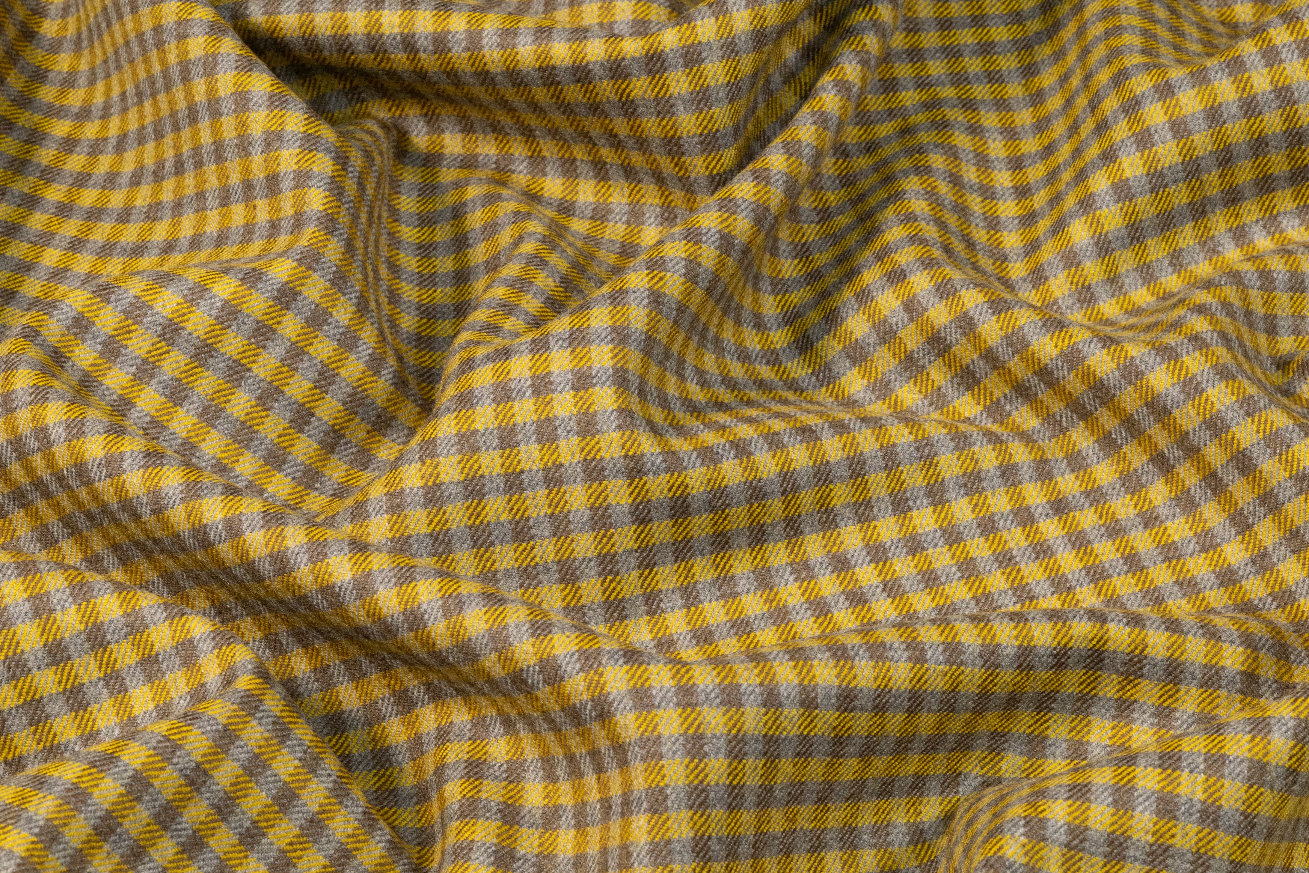 Checked Italian Stretch Wool Flannel - Mustard Yellow / Taupe