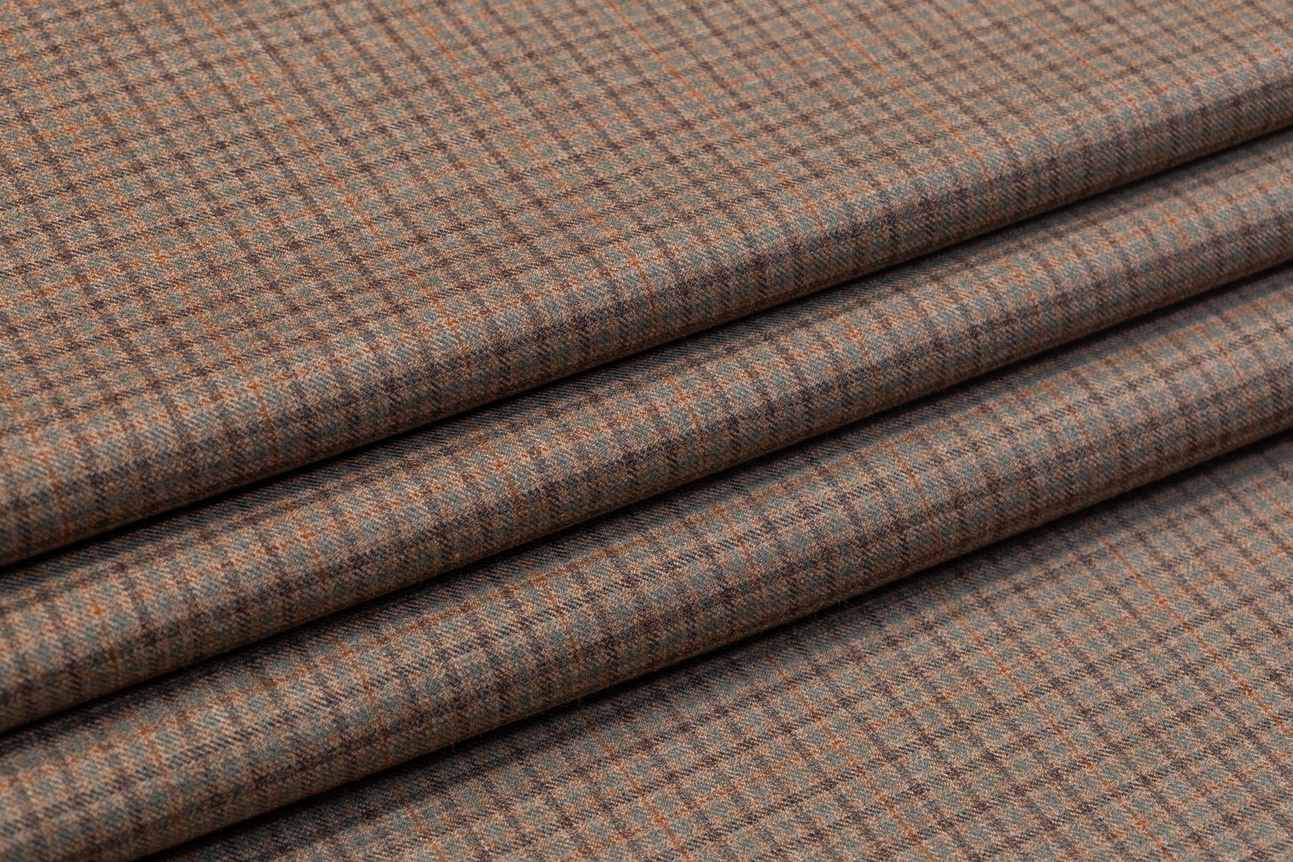 Checked Italian Wool Suiting - Light Brown / Green