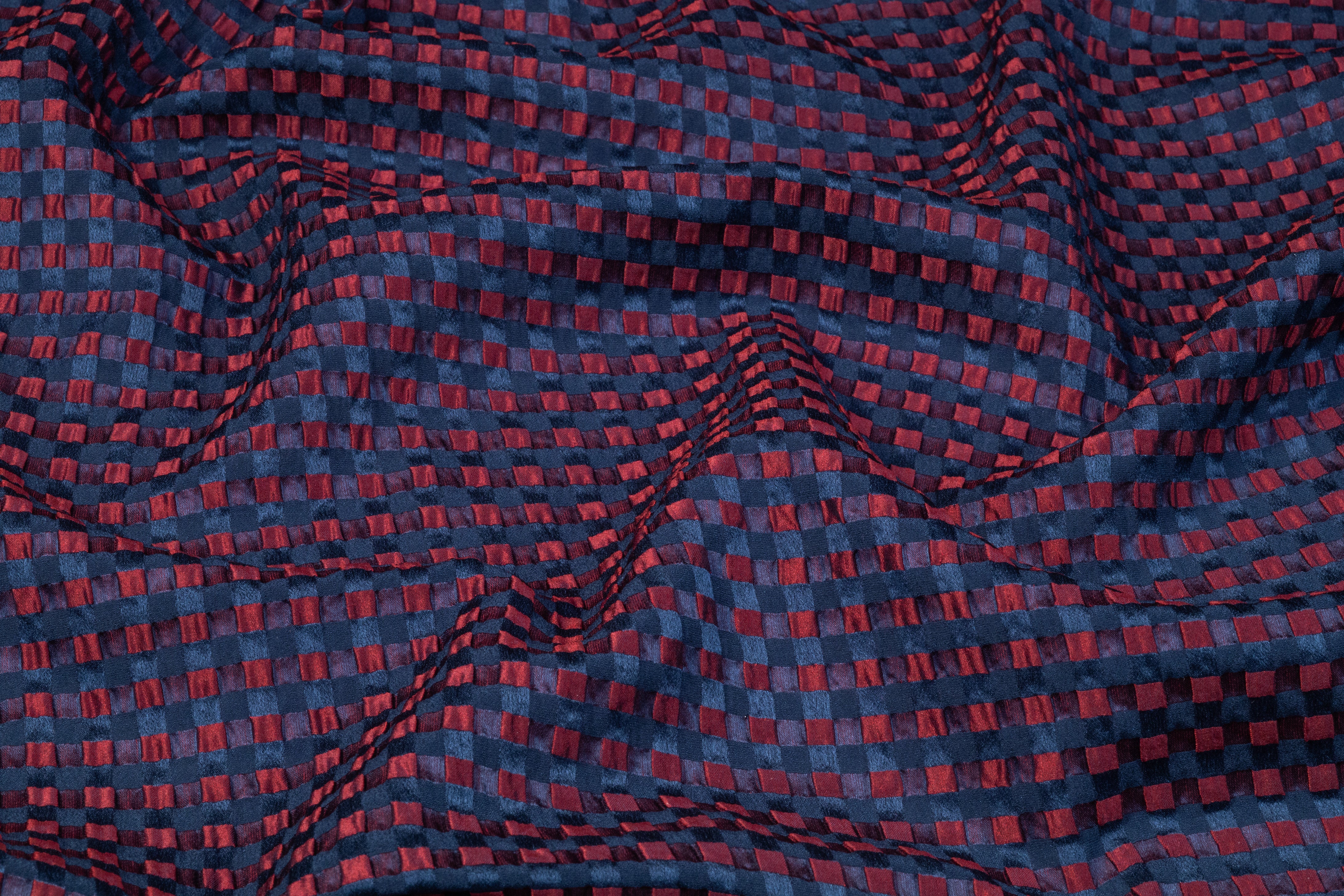 Puckered Italian Poly Silk Jacquard - Red / Navy