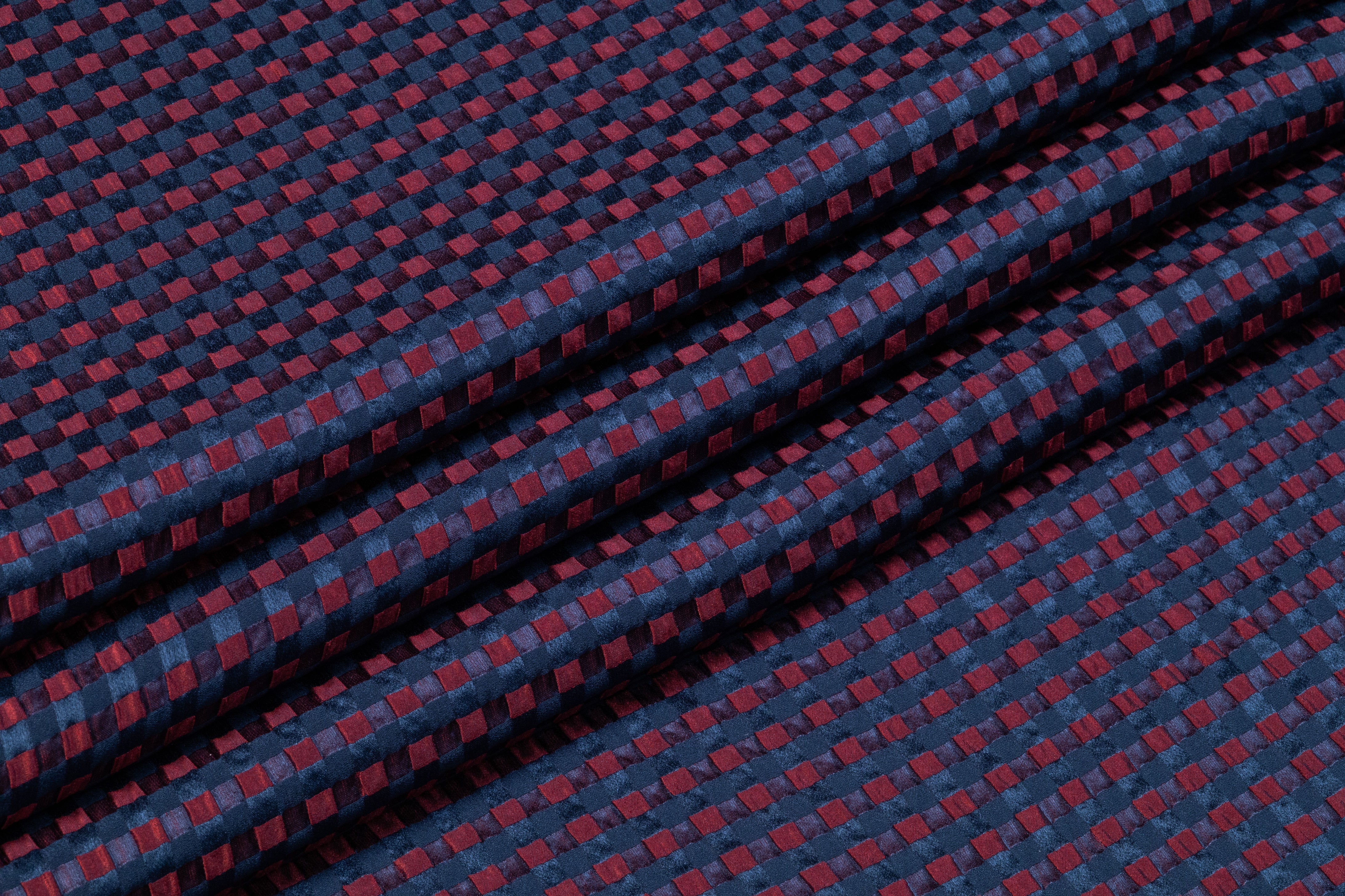 Puckered Italian Poly Silk Jacquard - Red / Navy