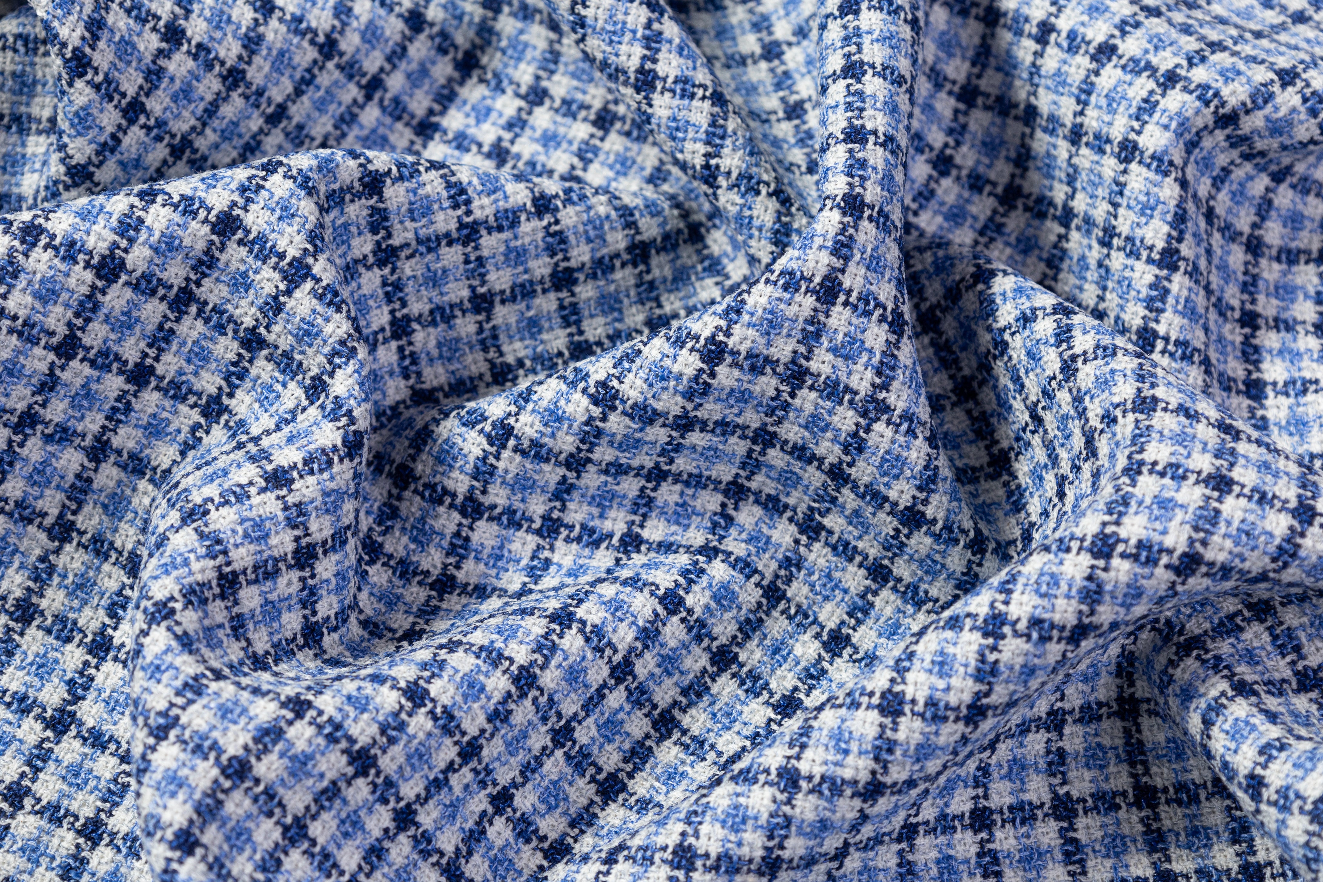Checked Italian Wool Linen Silk Suiting - Blue