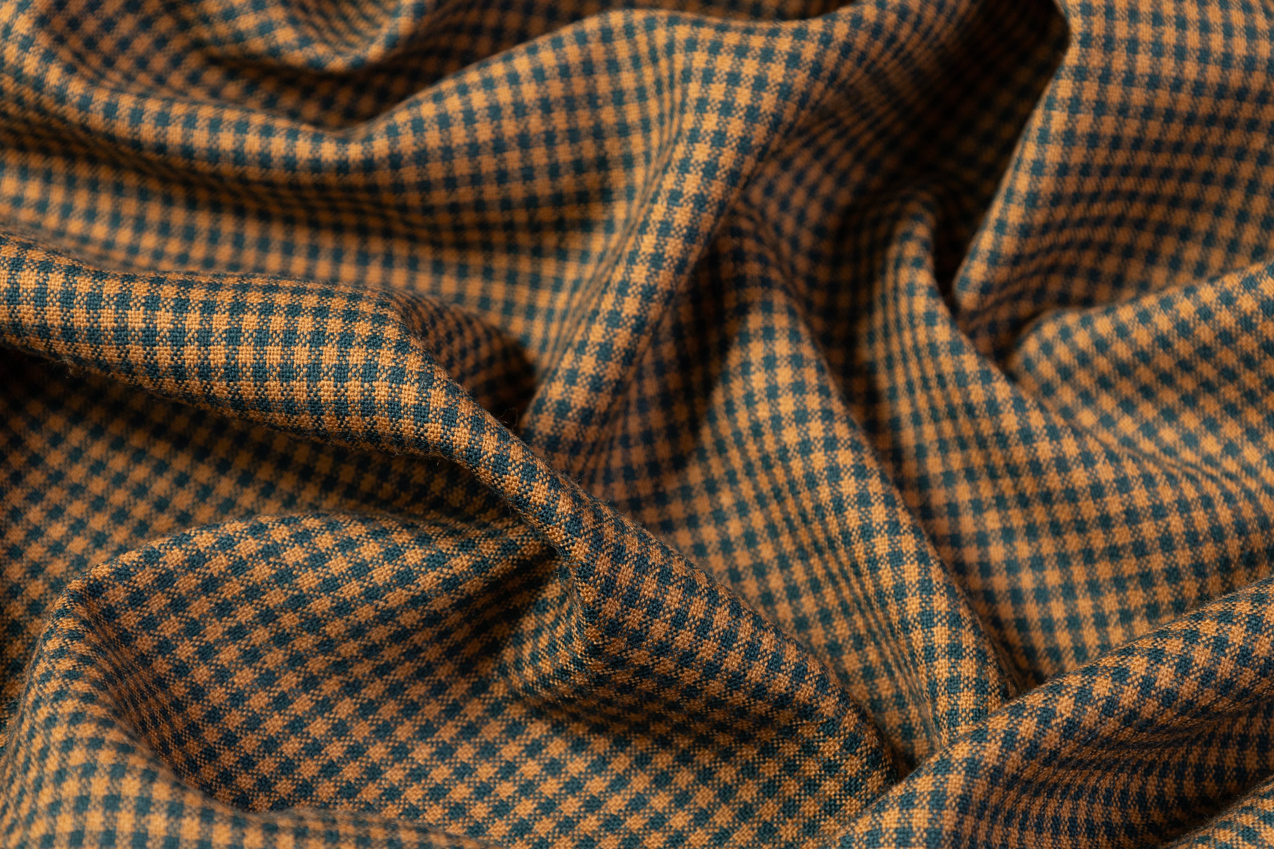 Micro Plaid Italian Wool Suiting - Camel / Teal