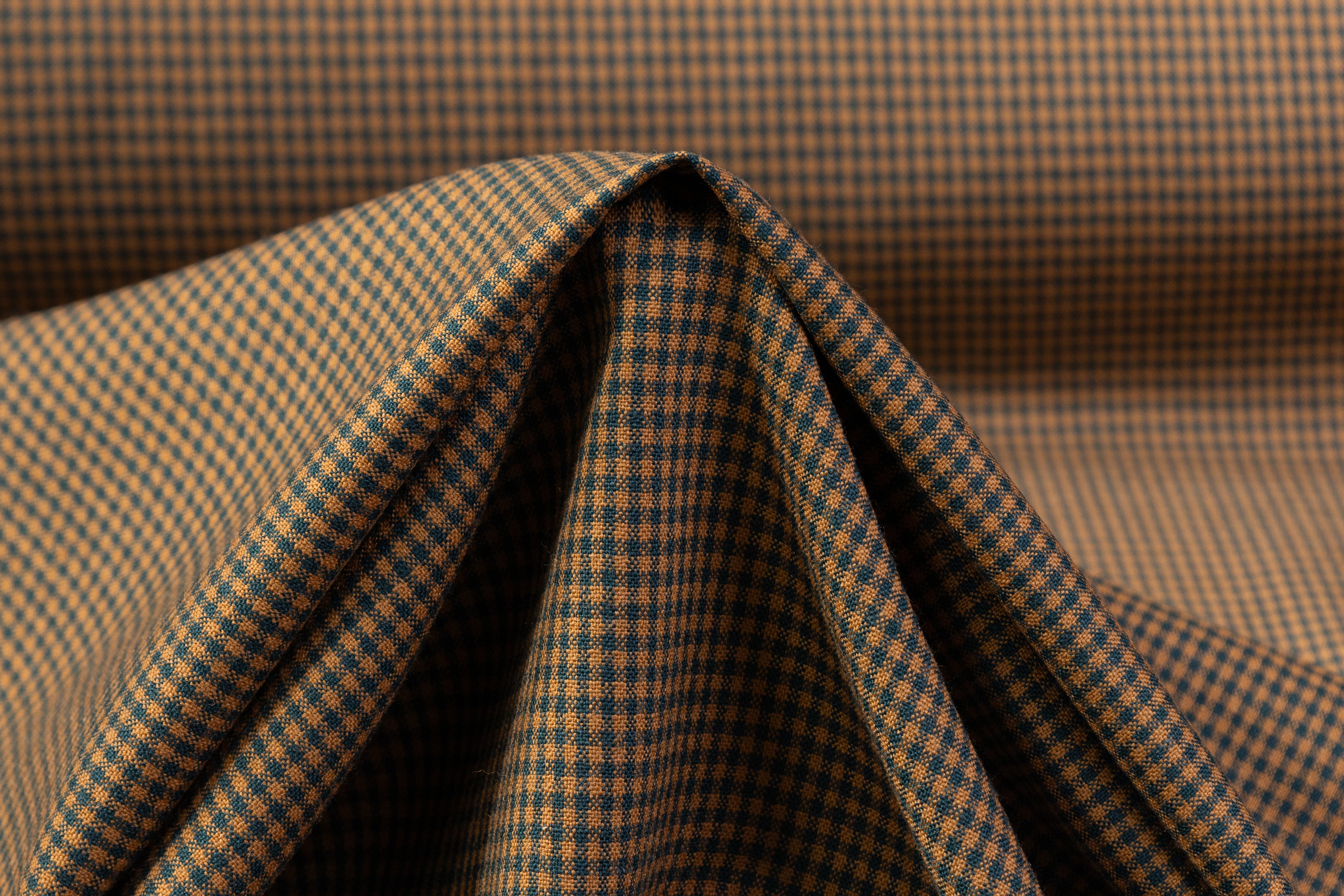 Micro Plaid Italian Wool Suiting - Camel / Teal