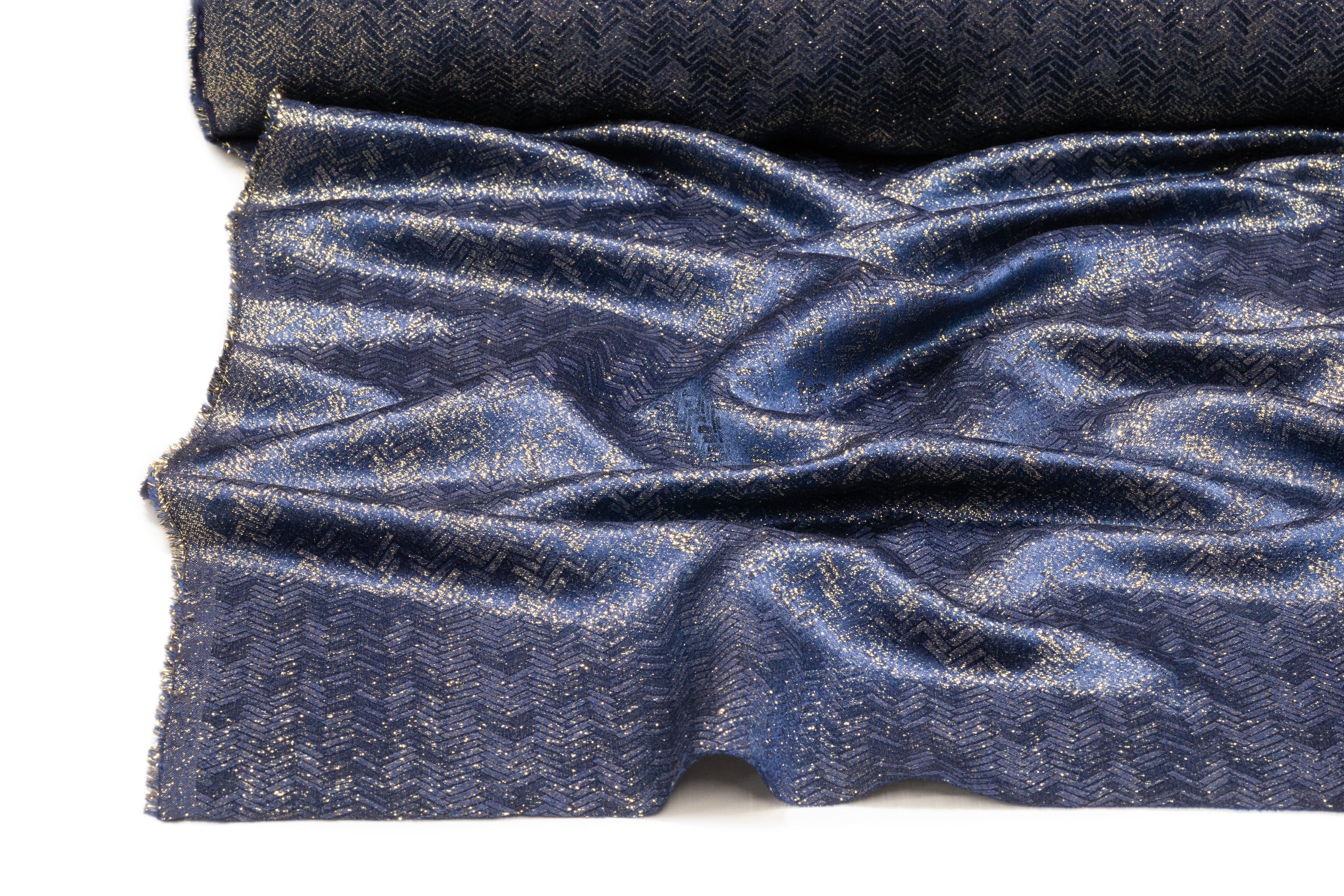 Chevron Italian Silk Viscose Metallic Jacquard - Blue / Gold