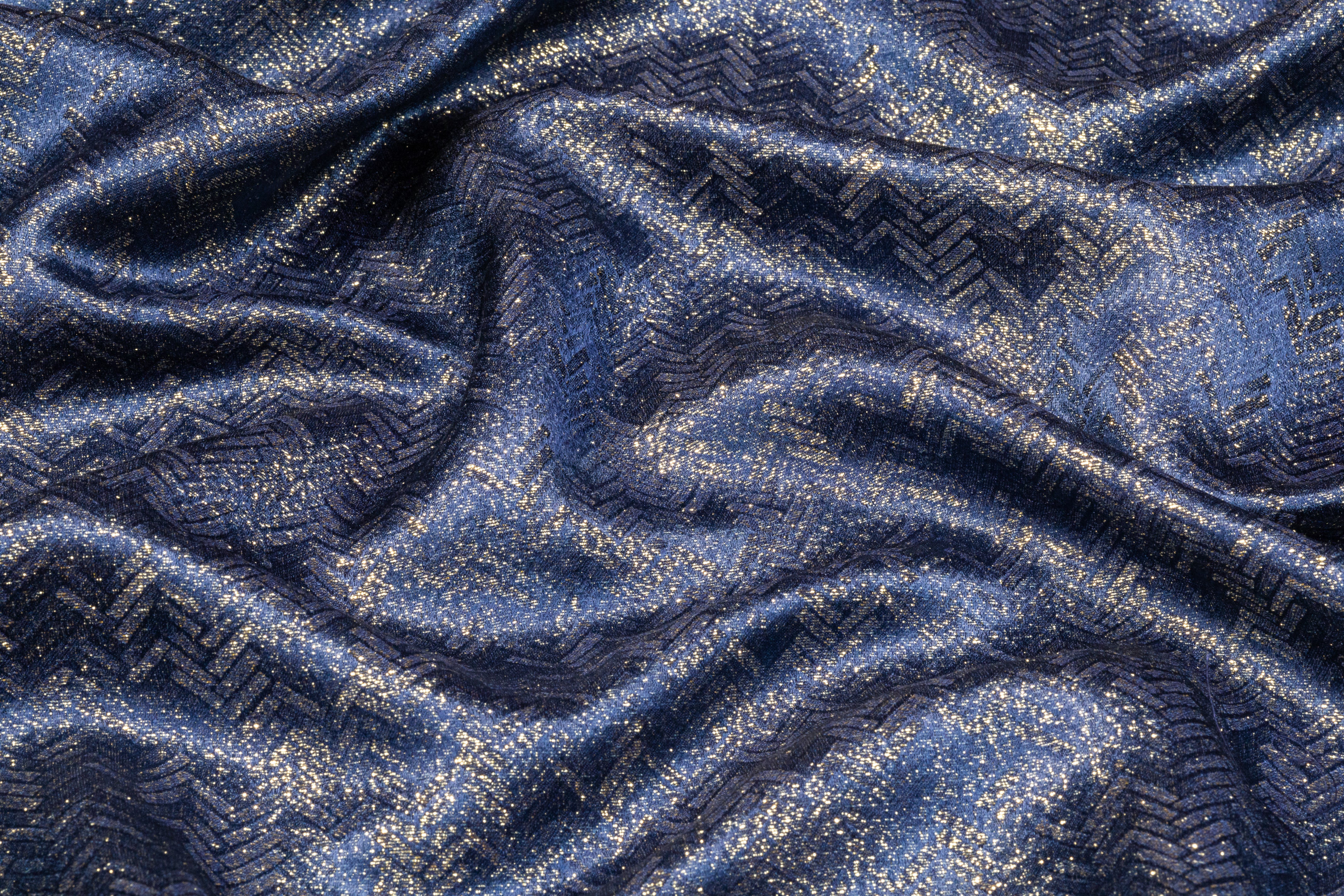 Chevron Italian Silk Viscose Metallic Jacquard - Blue / Gold