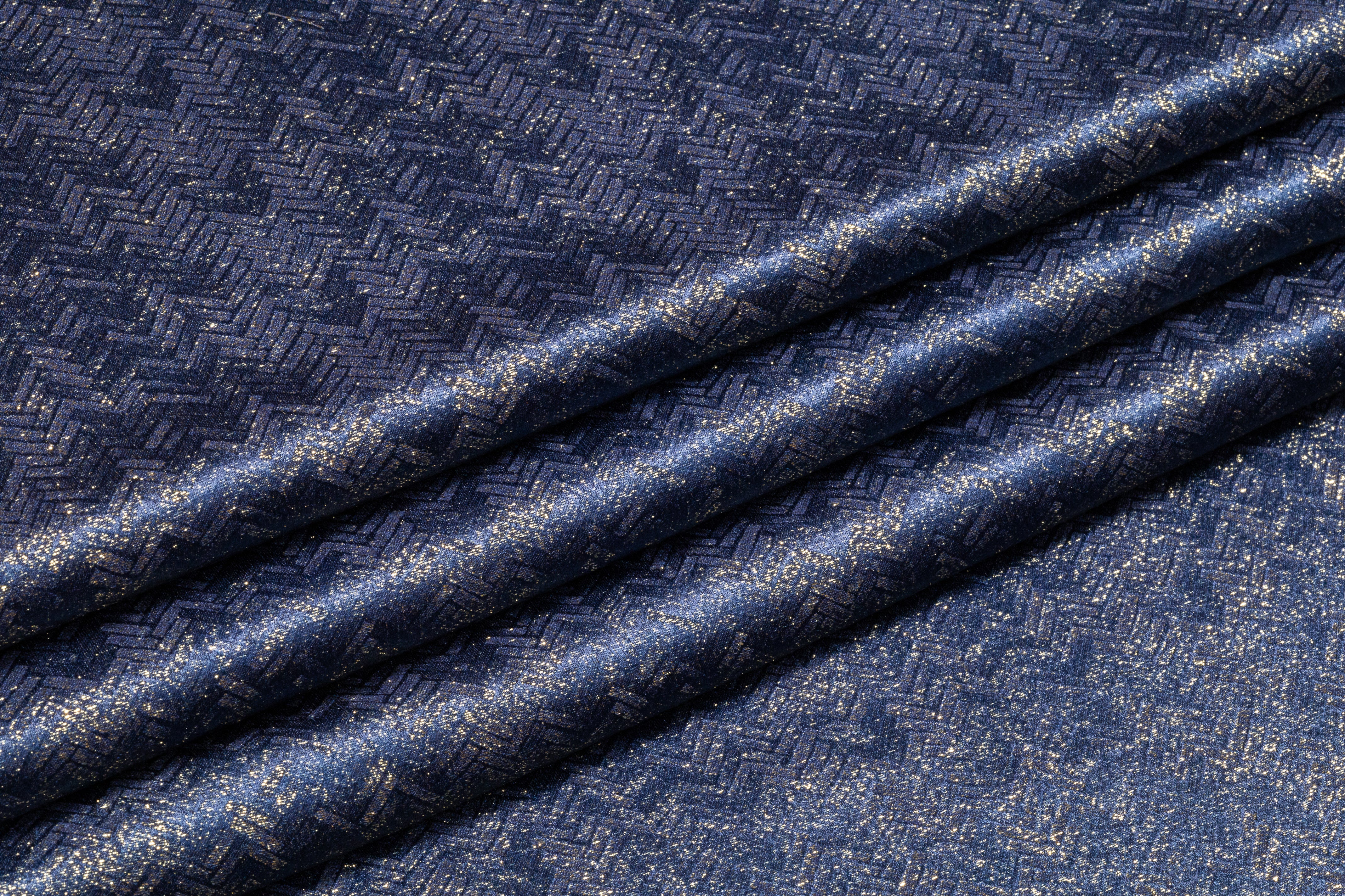 Chevron Italian Silk Viscose Metallic Jacquard - Blue / Gold