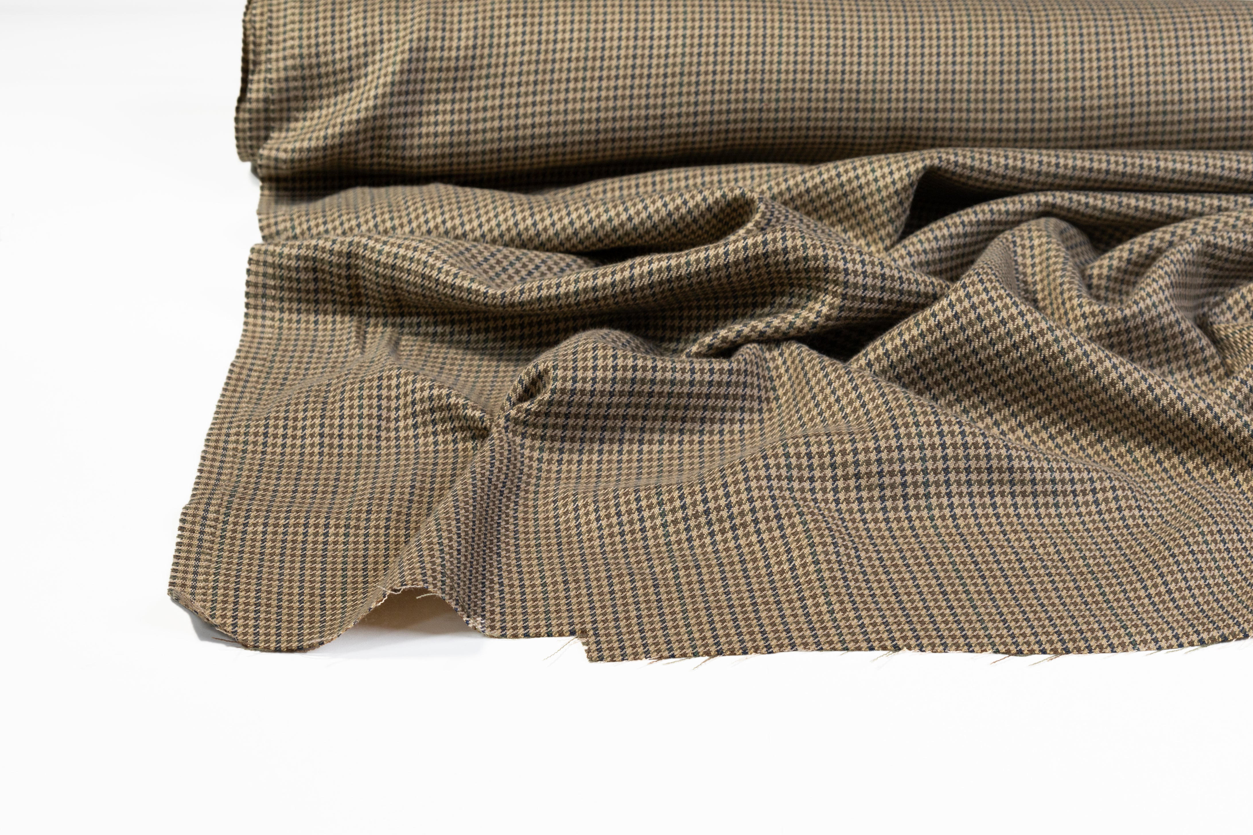 Micro Houndstooth Italian Wool Viscose Suiting - Khaki Green / Blue