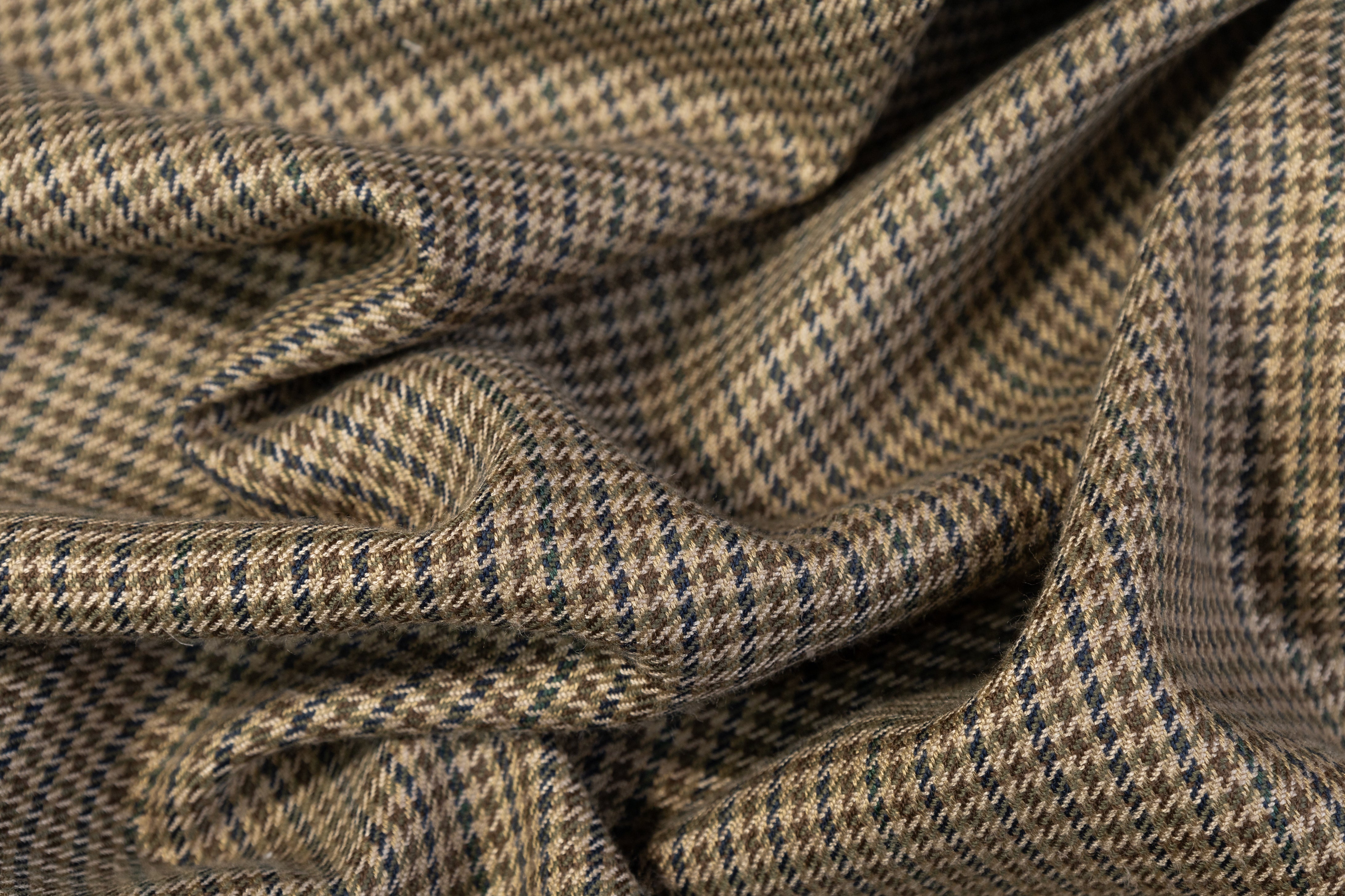 Micro Houndstooth Italian Wool Viscose Suiting - Khaki Green / Blue