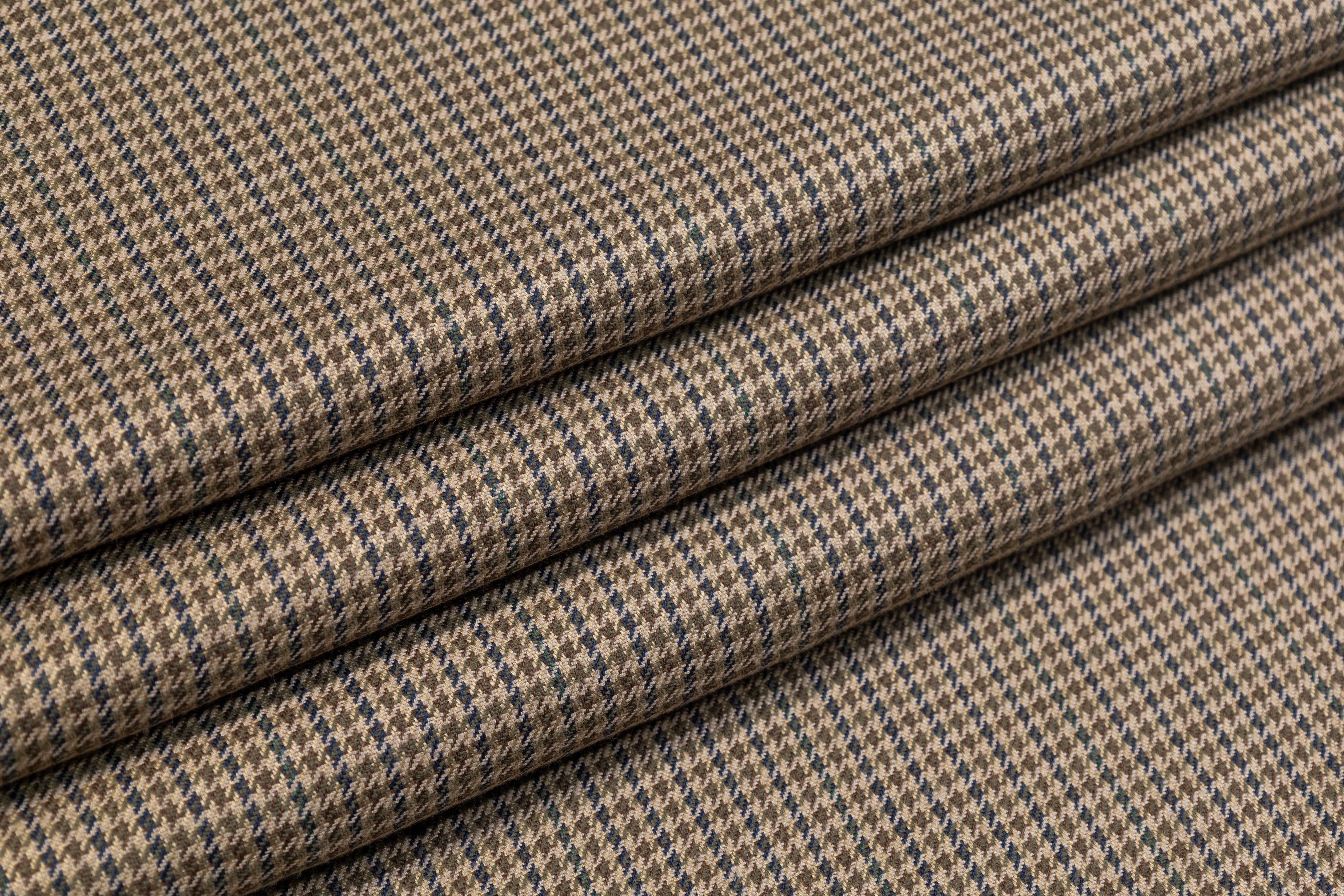 Micro Houndstooth Italian Wool Viscose Suiting - Khaki Green / Blue