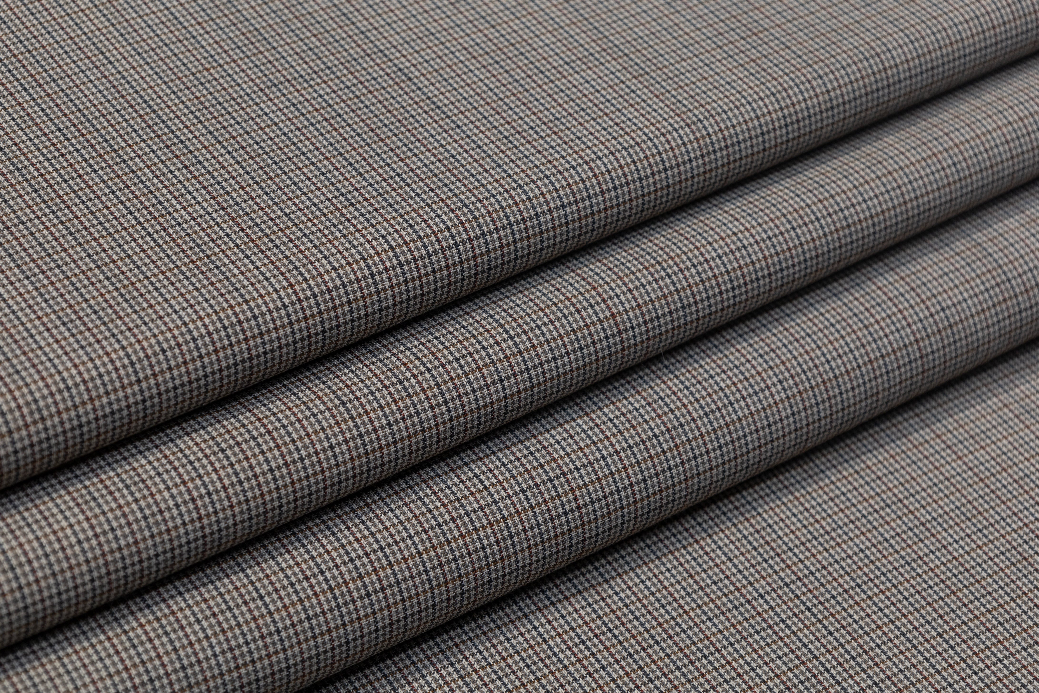 Micro Plaid Italian Poly Wool Suiting - Gray / Brown / Burgundy